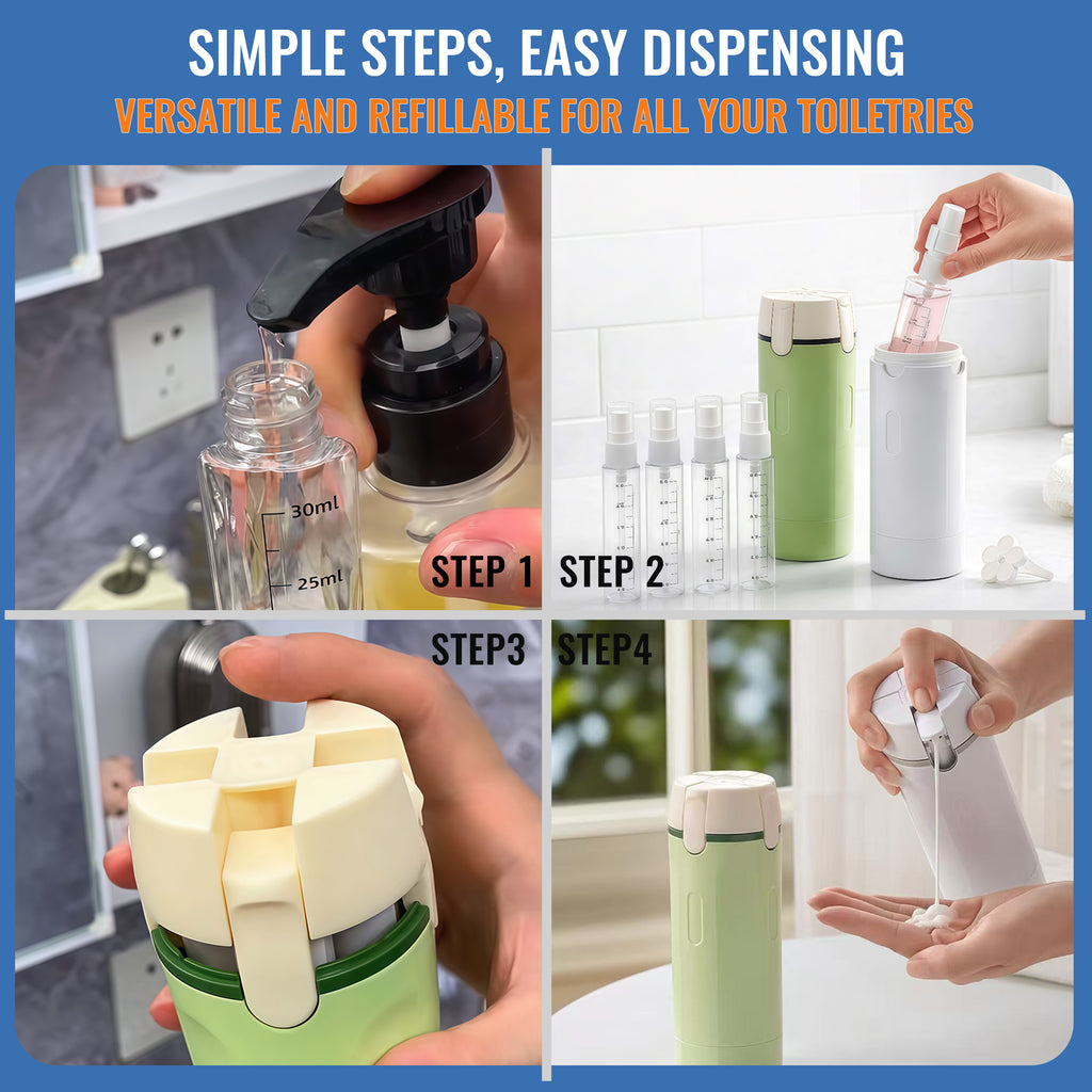 4 in 1 Travel Bottles, 30ml Leakproof Refillable Dispenser with Push-Down Lock Pump & Clear Scale
