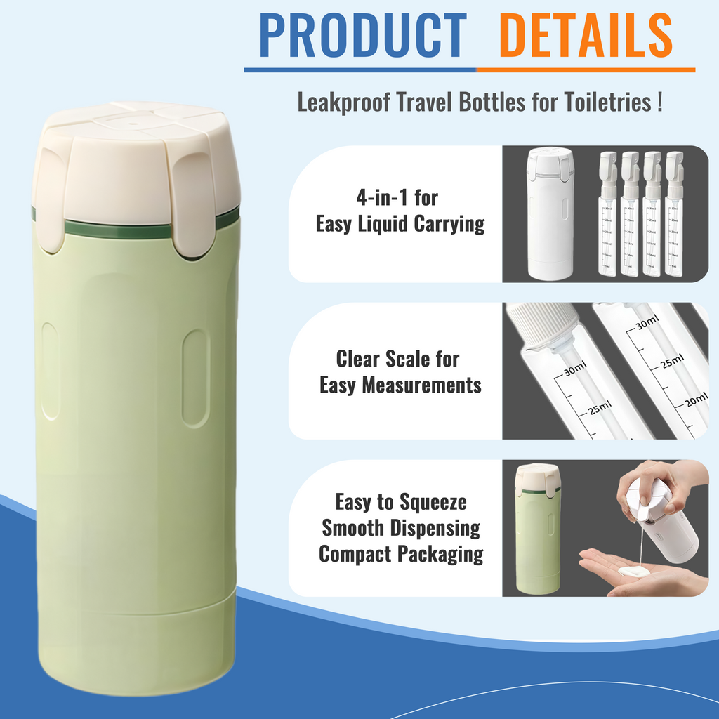 4 in 1 Travel Bottles, 30ml Leakproof Refillable Dispenser with Push-Down Lock Pump & Clear Scale