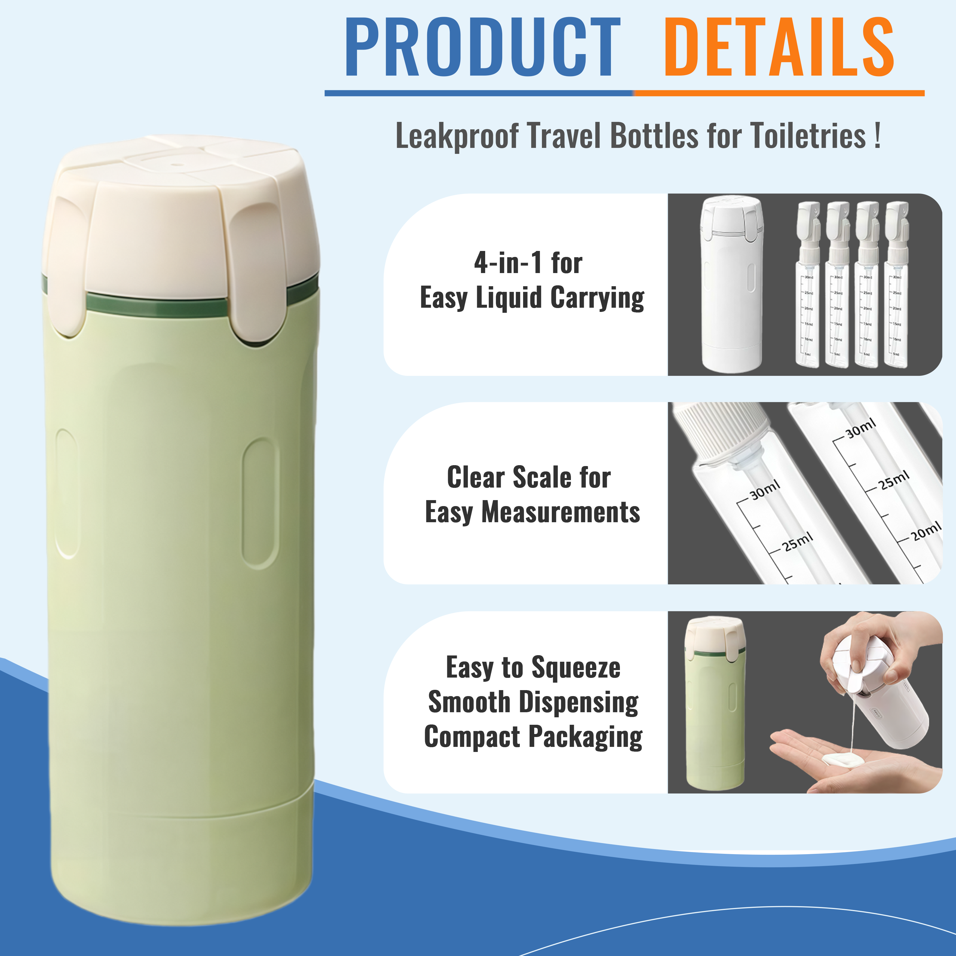 4 in 1 Travel Bottles, 30ml Leakproof Refillable Dispenser with Push-Down Lock Pump & Clear Scale