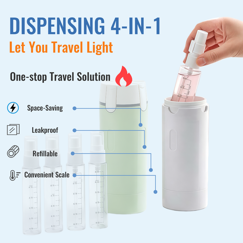 4 in 1 Travel Bottles, 30ml Leakproof Refillable Dispenser with Push-Down Lock Pump & Clear Scale