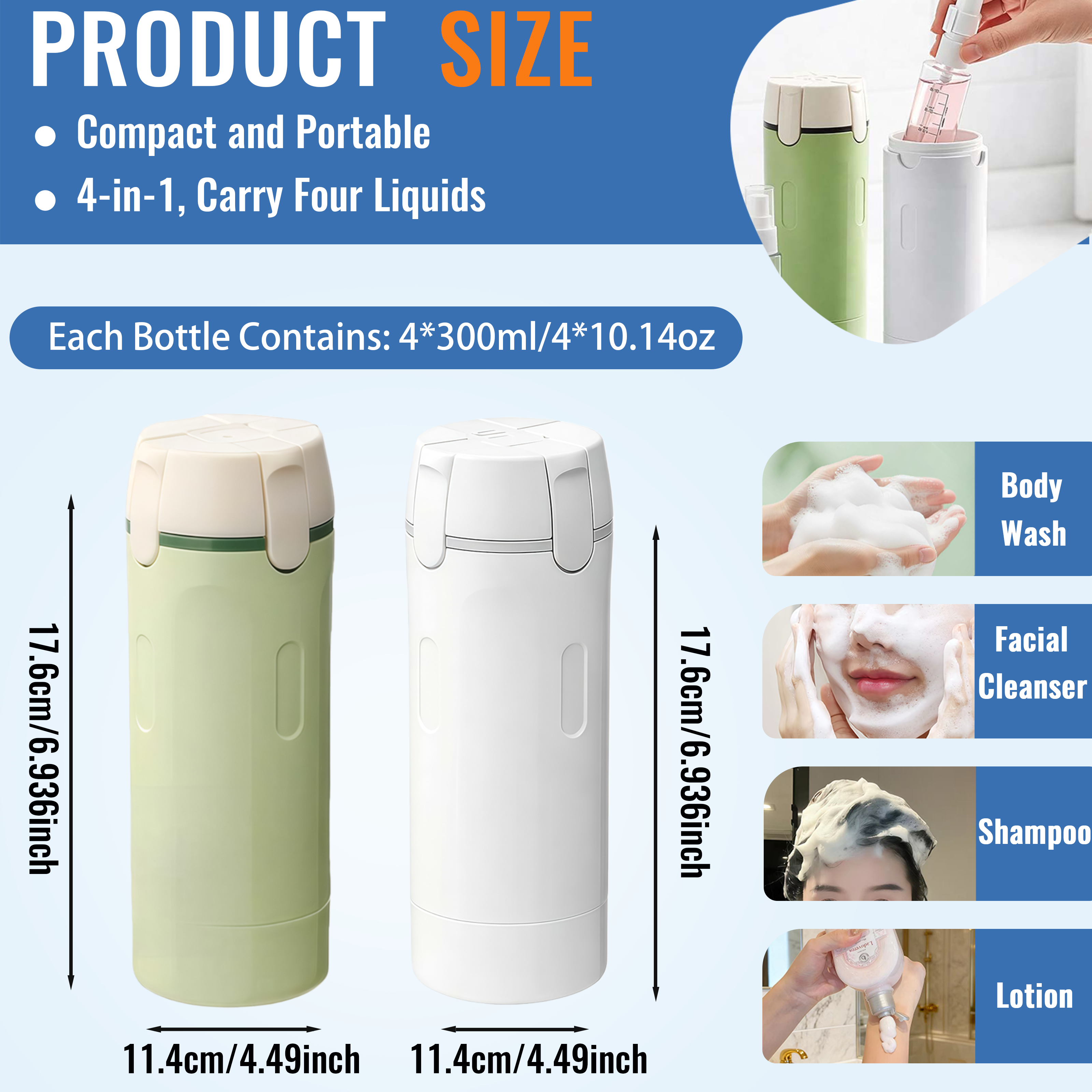 4 in 1 Travel Bottles, 30ml Leakproof Refillable Dispenser with Push-Down Lock Pump & Clear Scale