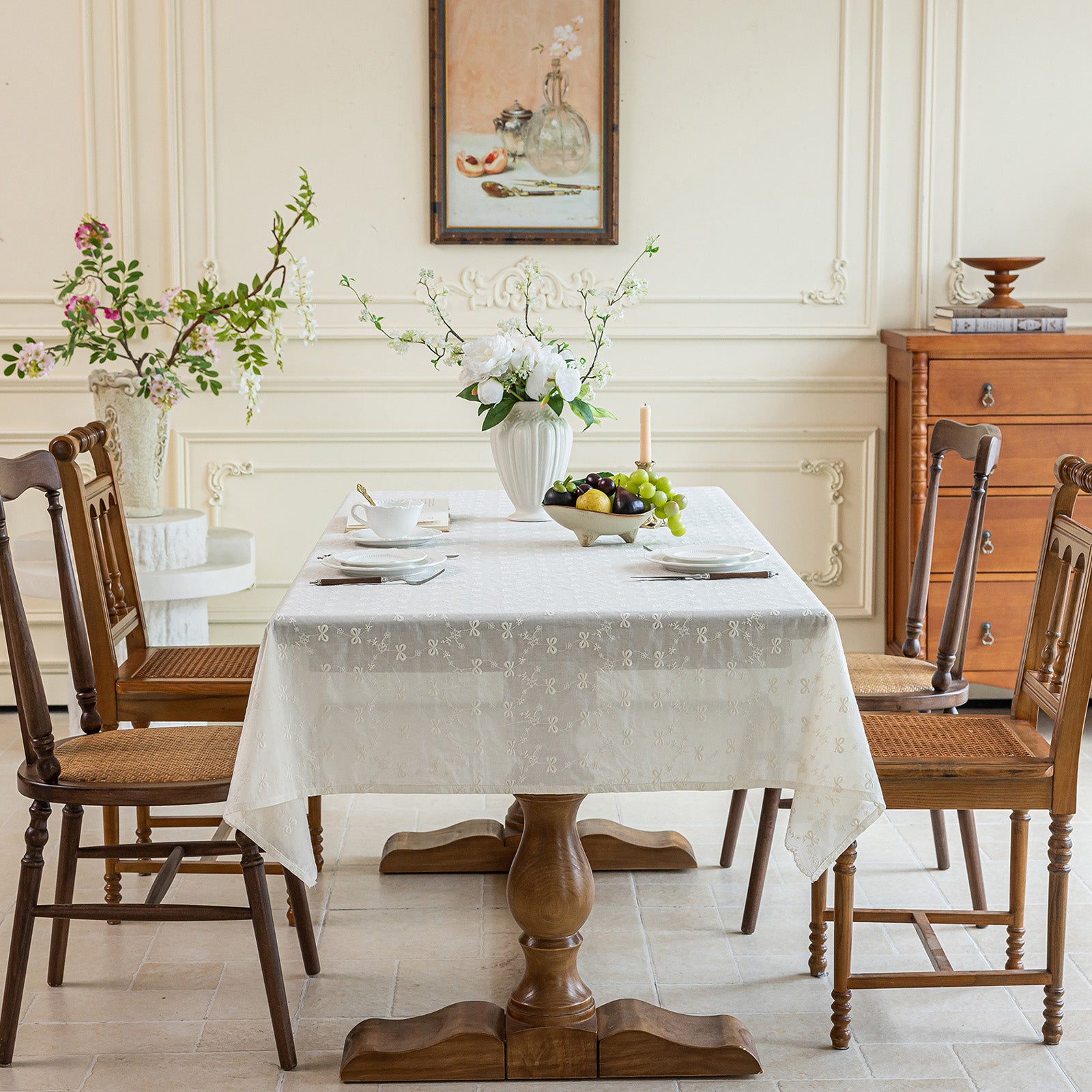 Pure Cotton Jacquard Tablecloth, Vintage French Style for Wedding, Party & Dessert Table – Fits Square & Round Tables