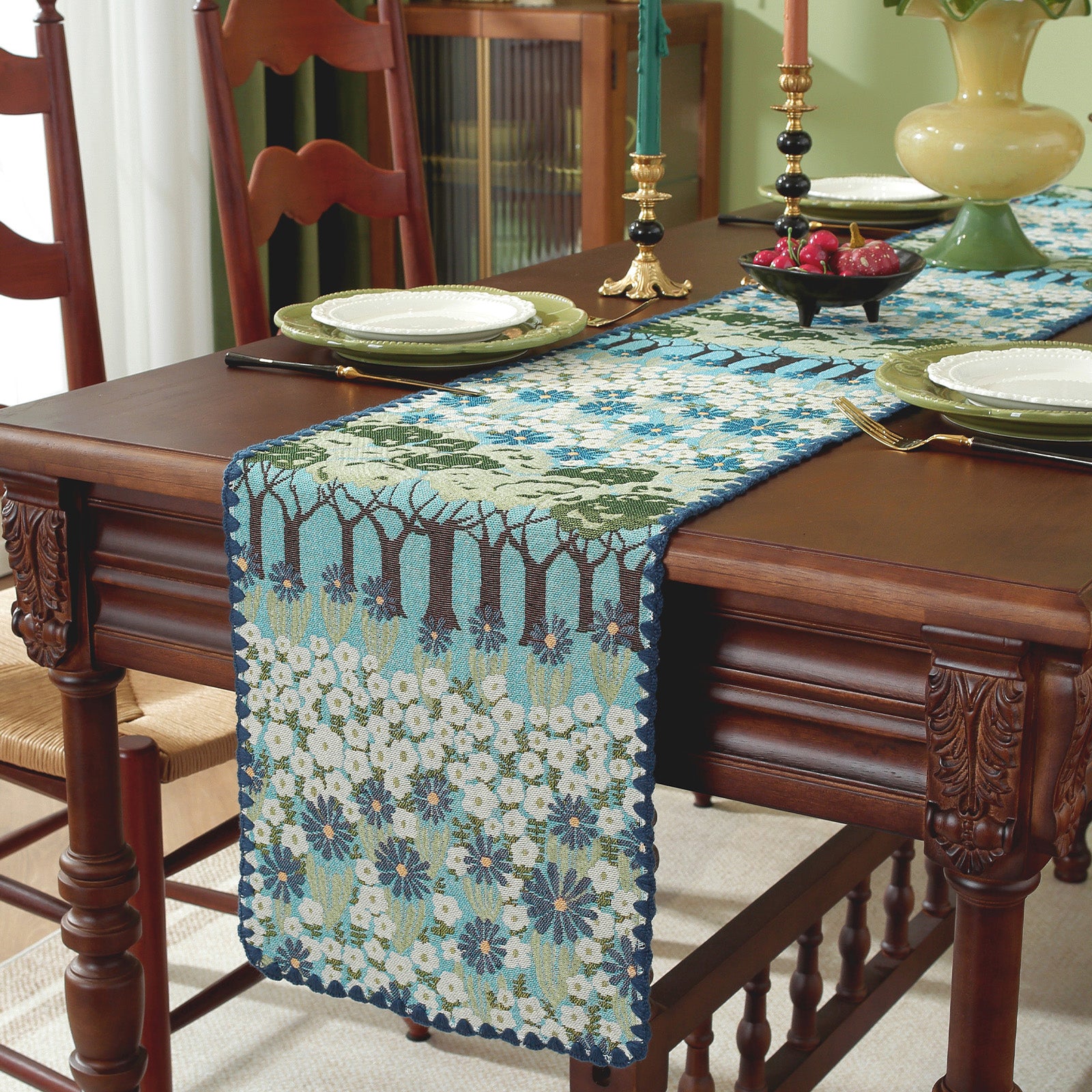 Spring Tree Pattern Cotton-Linen Style Table Runner, with Scalloped Edge