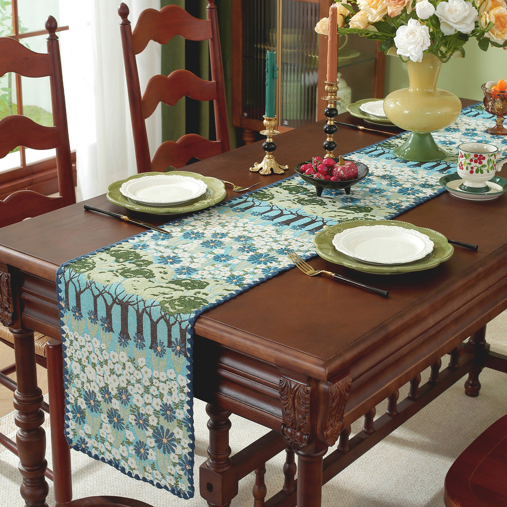 Spring Tree Pattern Cotton-Linen Style Table Runner, with Scalloped Edge