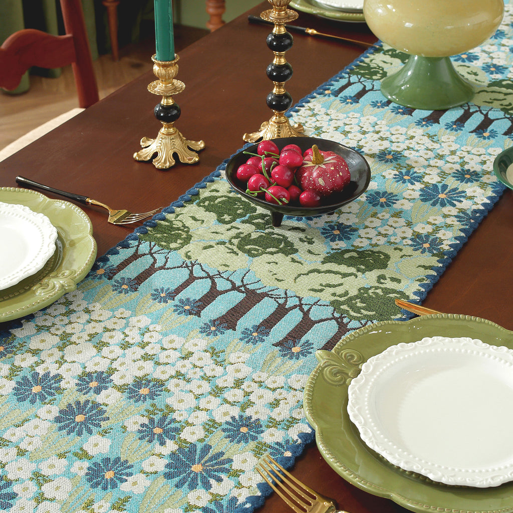 Spring Tree Pattern Cotton-Linen Style Table Runner, with Scalloped Edge