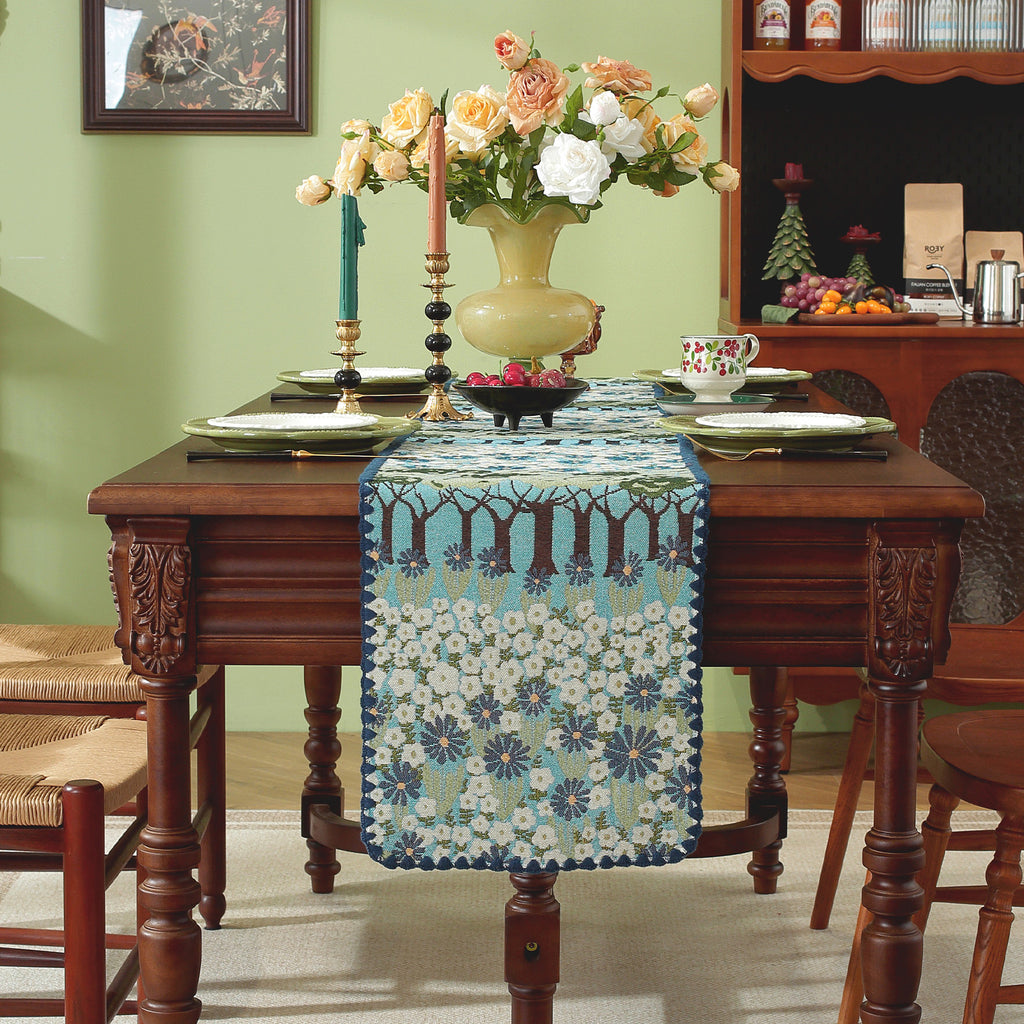Spring Tree Pattern Cotton-Linen Style Table Runner, with Scalloped Edge
