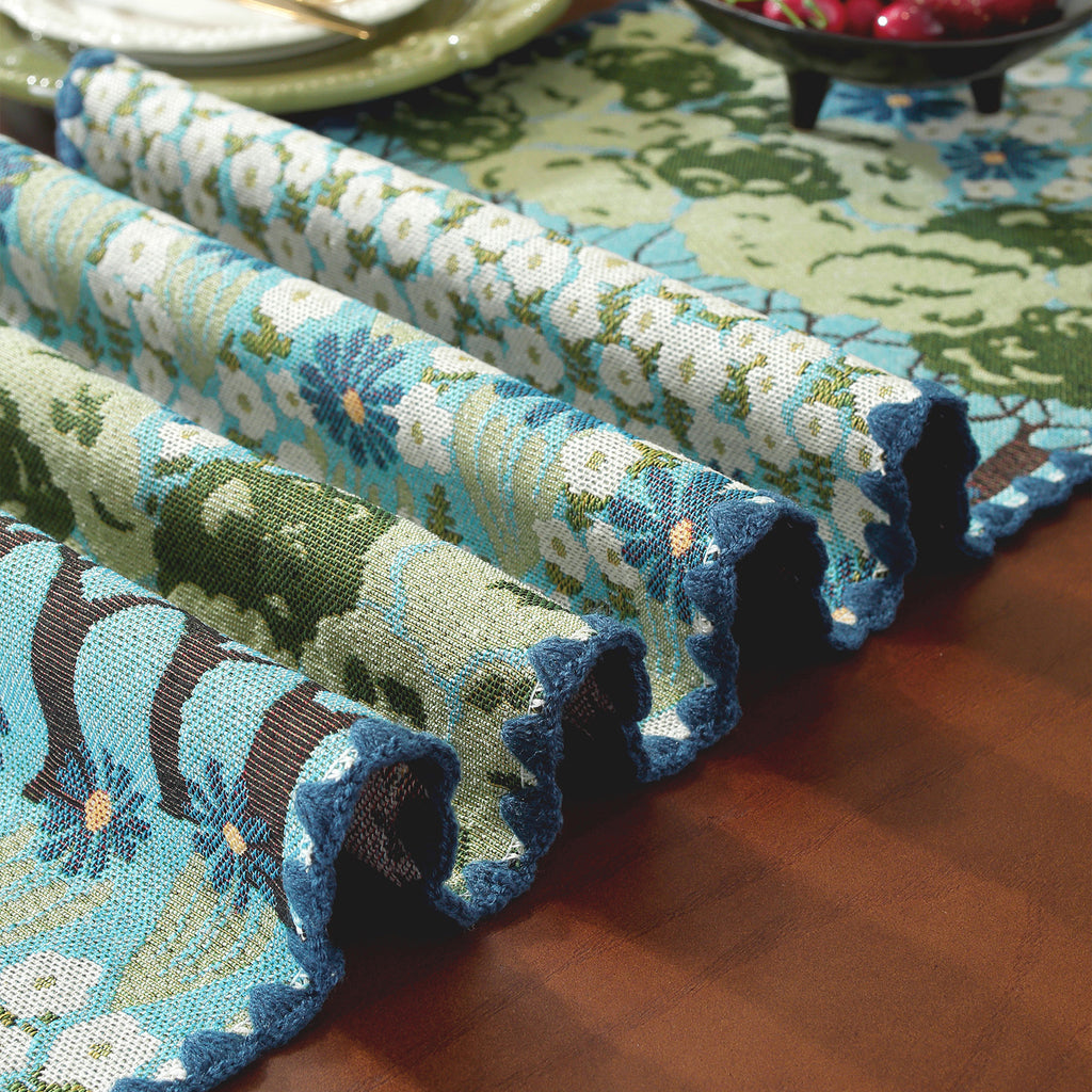 Spring Tree Pattern Cotton-Linen Style Table Runner, with Scalloped Edge
