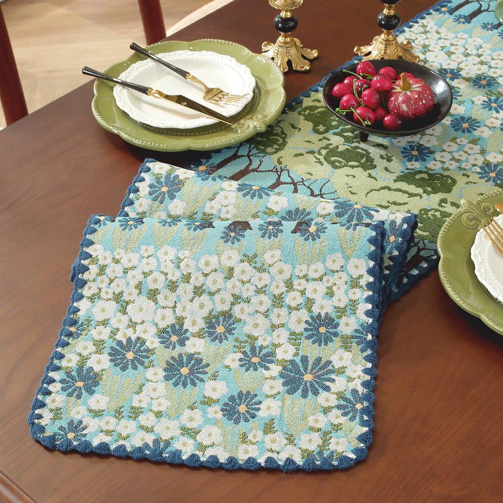 Spring Tree Pattern Cotton-Linen Style Table Runner, with Scalloped Edge