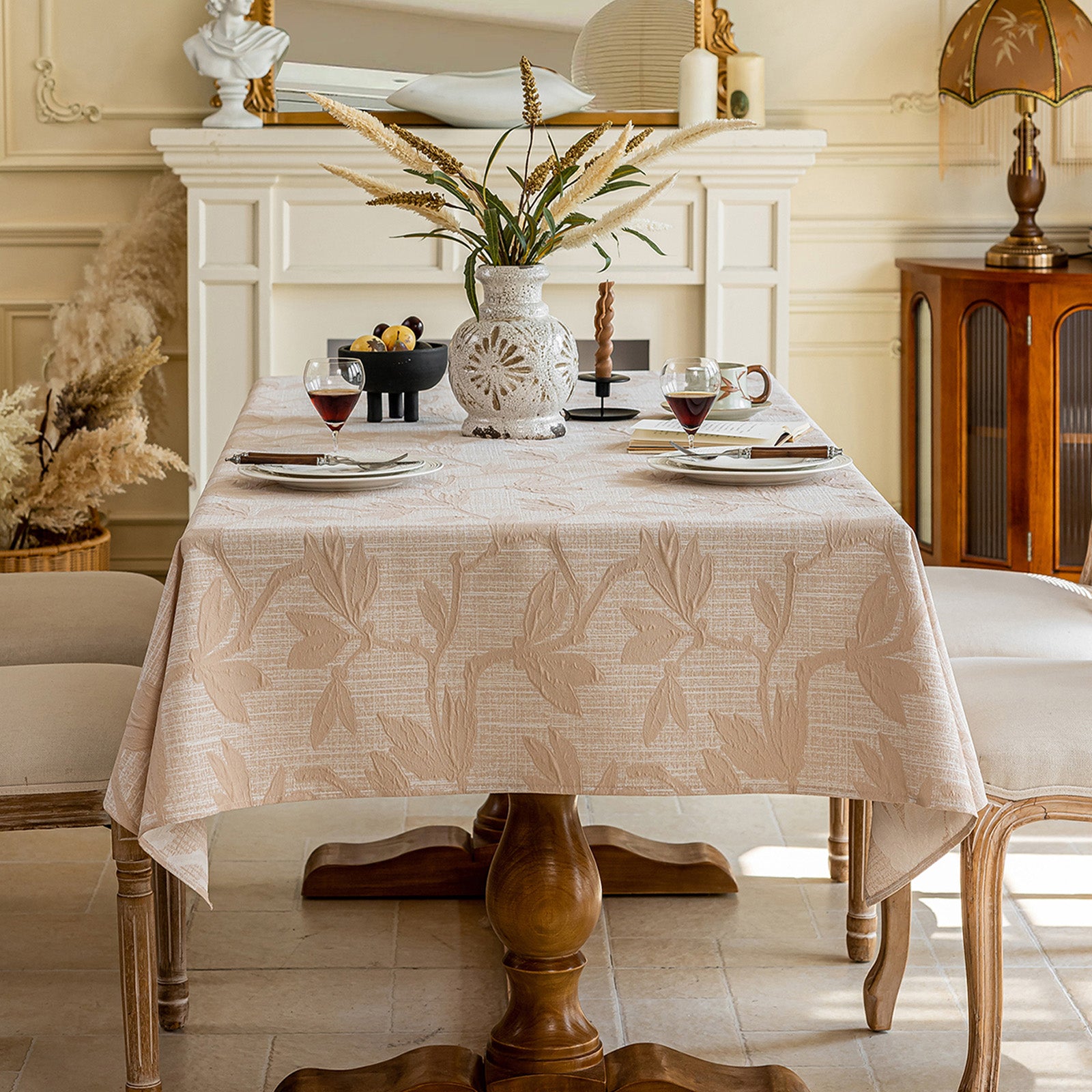 Linen Like Tablecloth or Desk Cover Wrinkle Resistant Jacquard Magnolia Embossed Multi Use