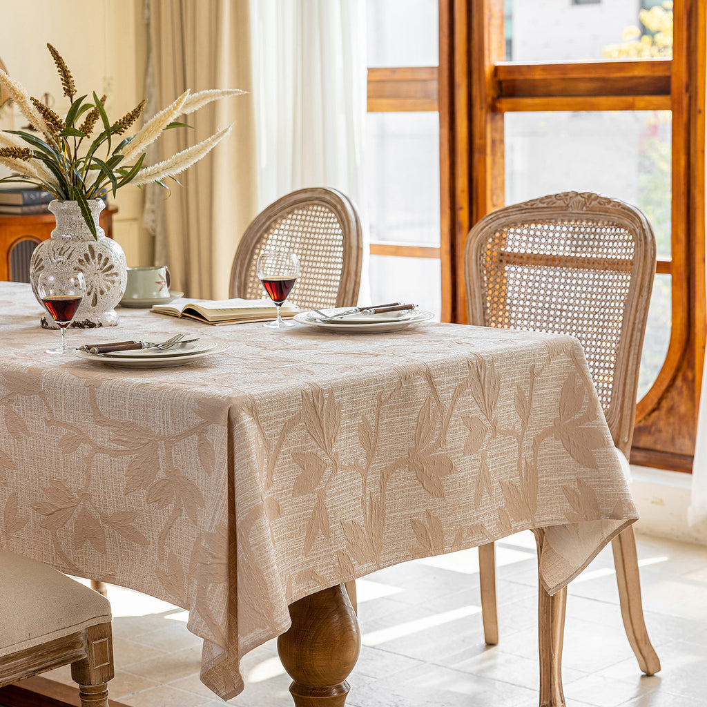 Linen Like Tablecloth or Desk Cover Wrinkle Resistant Jacquard Magnolia Embossed Multi Use