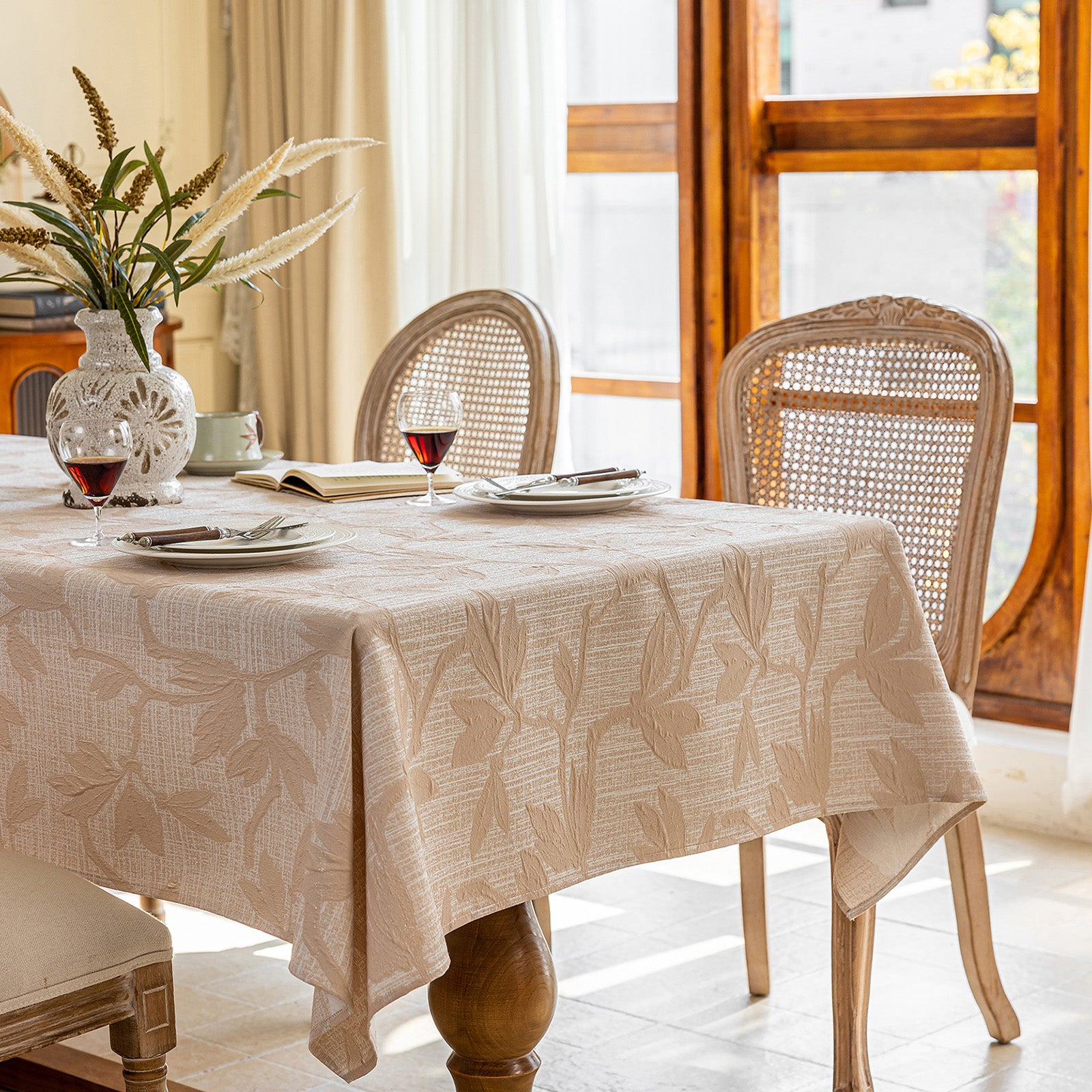 Linen Like Tablecloth or Desk Cover Wrinkle Resistant Jacquard Magnolia Embossed Multi Use