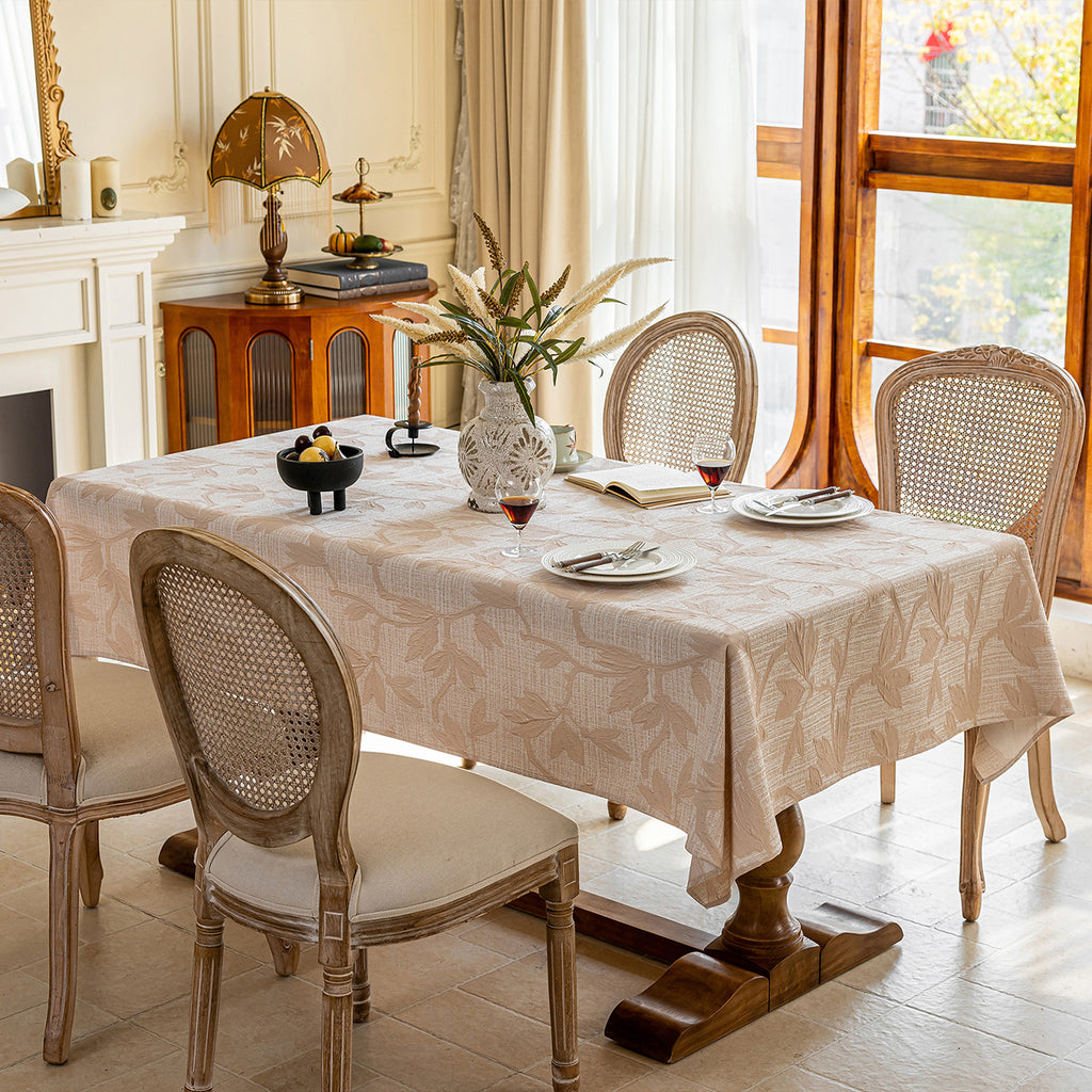 Linen Like Tablecloth or Desk Cover Wrinkle Resistant Jacquard Magnolia Embossed Multi Use