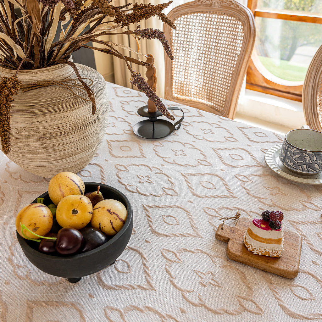 Linen Like Tablecloth or Desk Cover Wrinkle Resistant Jacquard Crabapple Blossom Embossed Multi Use
