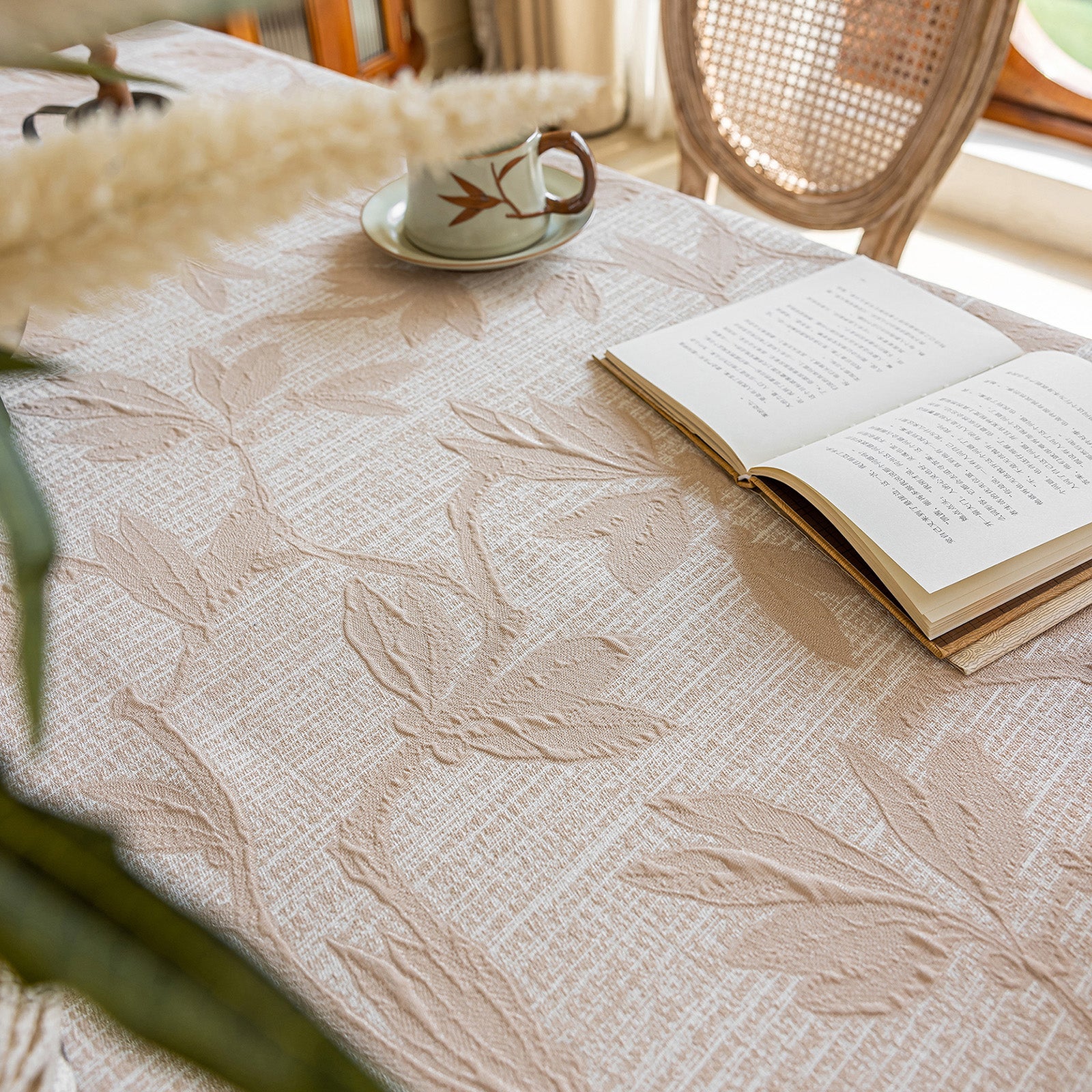 Linen Like Tablecloth or Desk Cover Wrinkle Resistant Jacquard Magnolia Embossed Multi Use