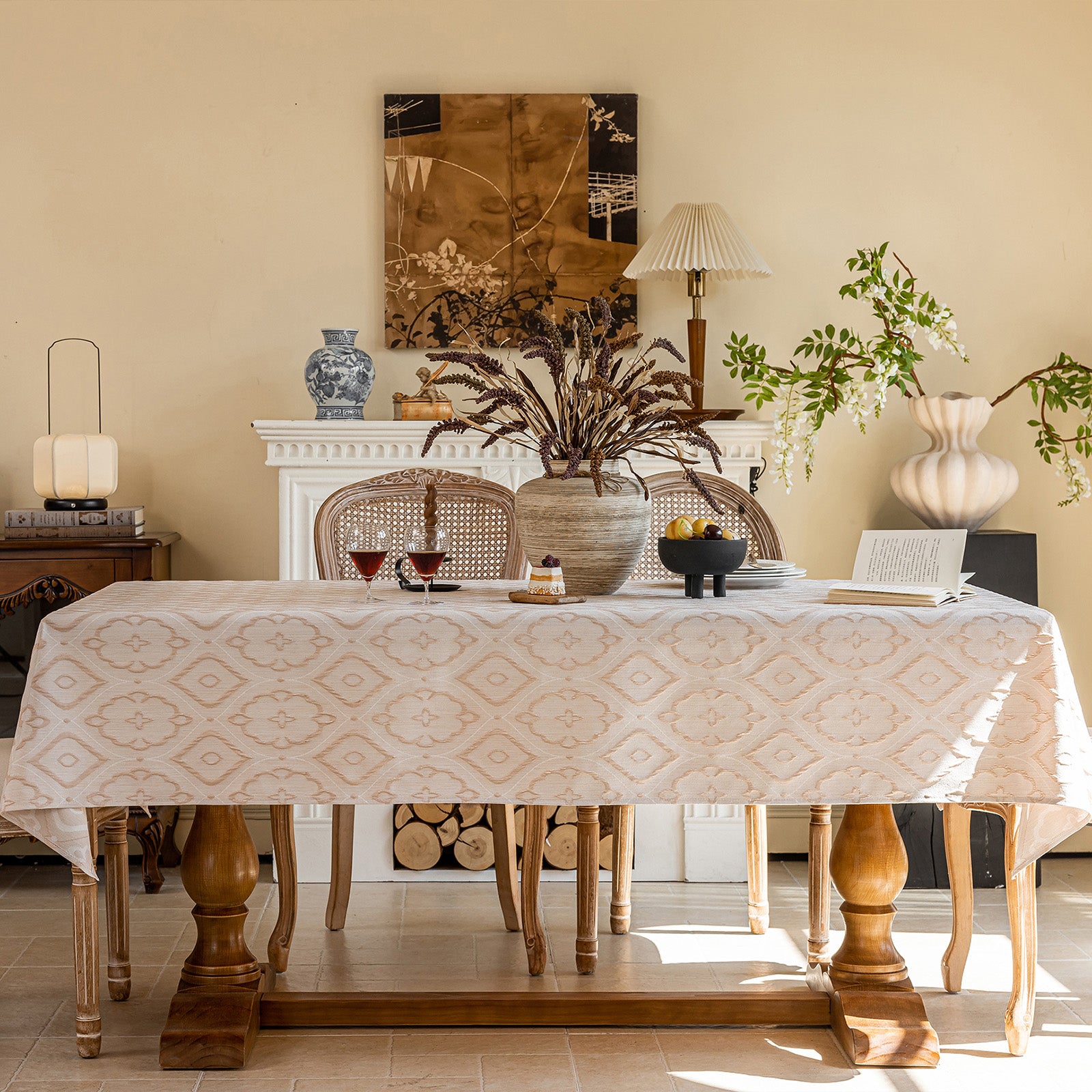 Linen Like Tablecloth or Desk Cover Wrinkle Resistant Jacquard Crabapple Blossom Embossed Multi Use