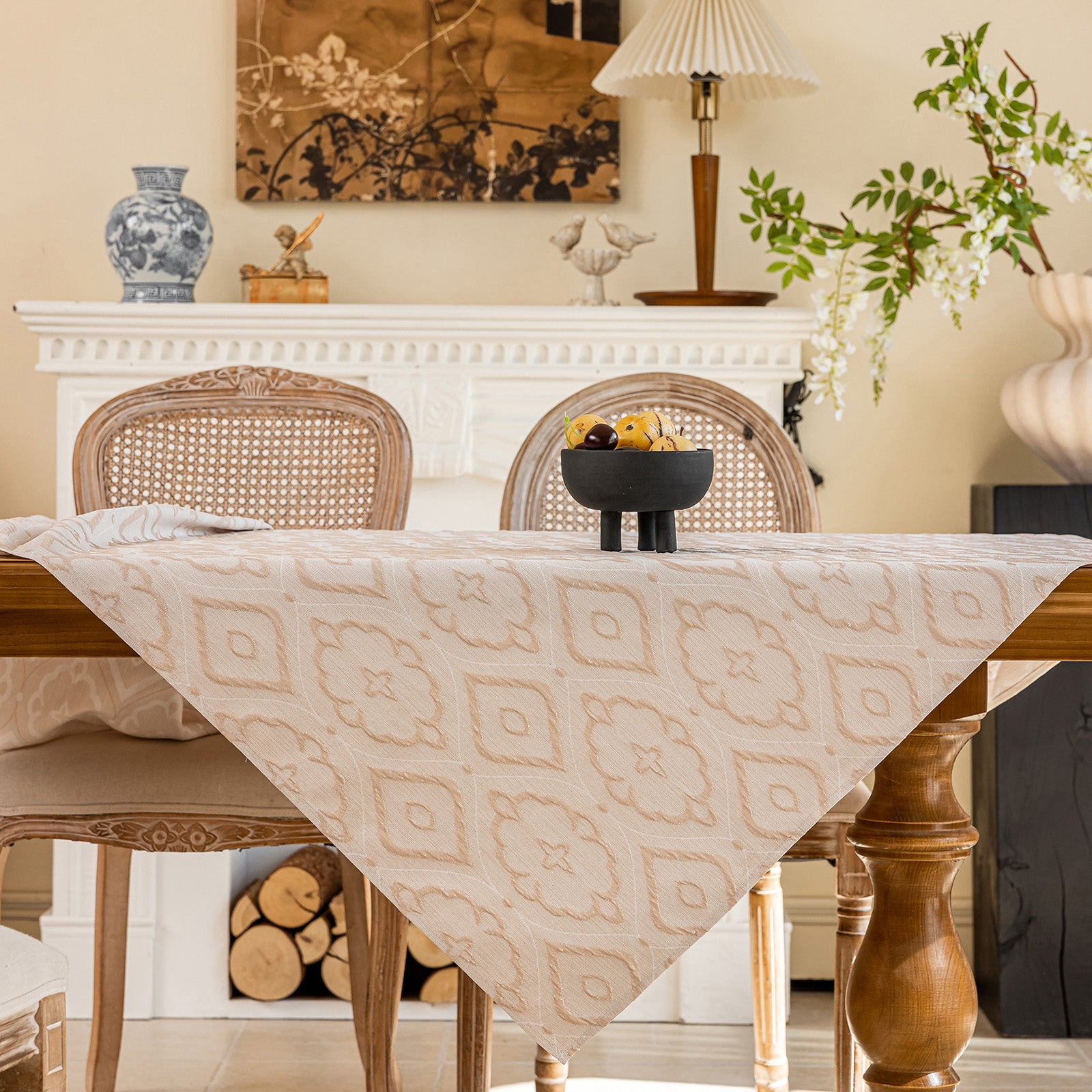 Linen Like Tablecloth or Desk Cover Wrinkle Resistant Jacquard Crabapple Blossom Embossed Multi Use