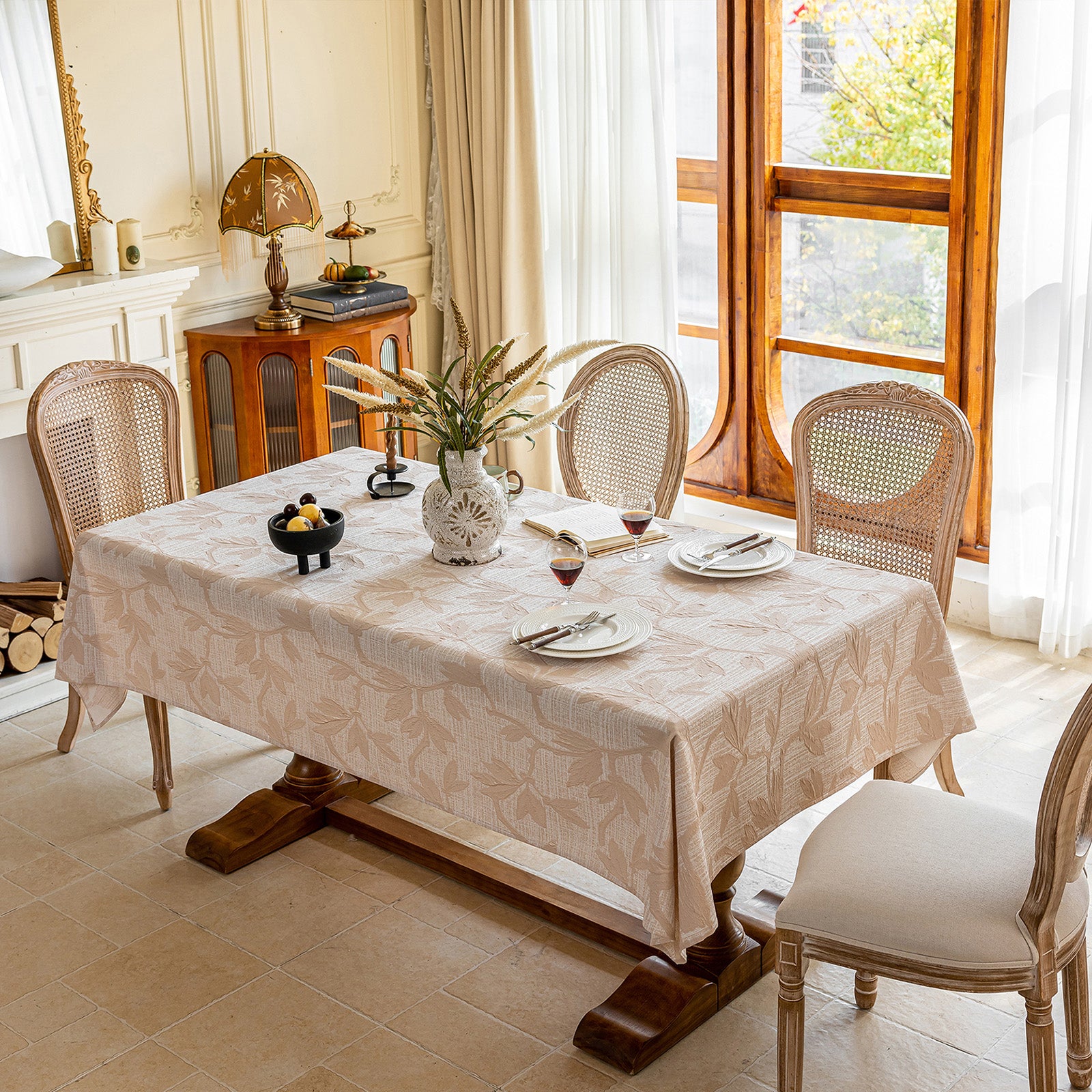 Linen Like Tablecloth or Desk Cover Wrinkle Resistant Jacquard Magnolia Embossed Multi Use