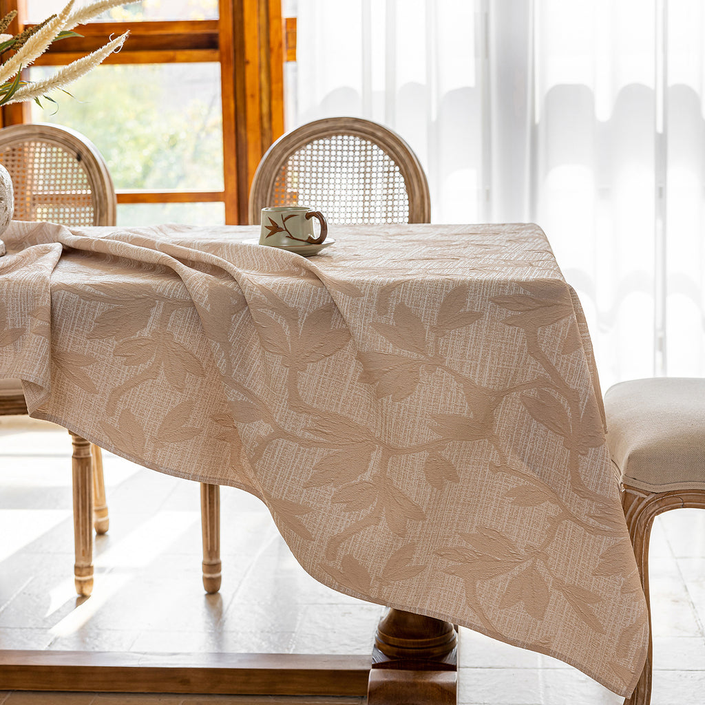 Linen Like Tablecloth or Desk Cover Wrinkle Resistant Jacquard Magnolia Embossed Multi Use