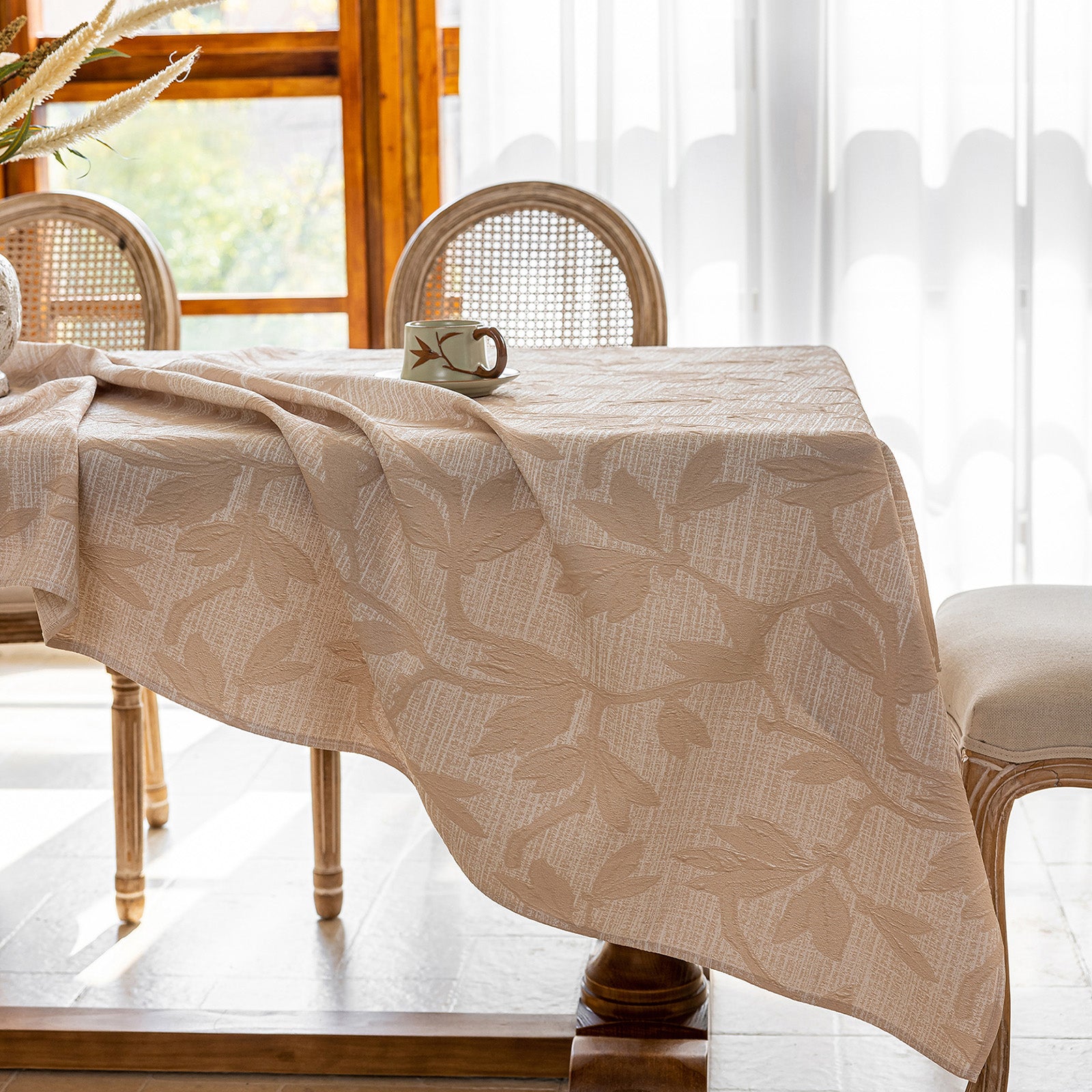 Linen Like Tablecloth or Desk Cover Wrinkle Resistant Jacquard Magnolia Embossed Multi Use