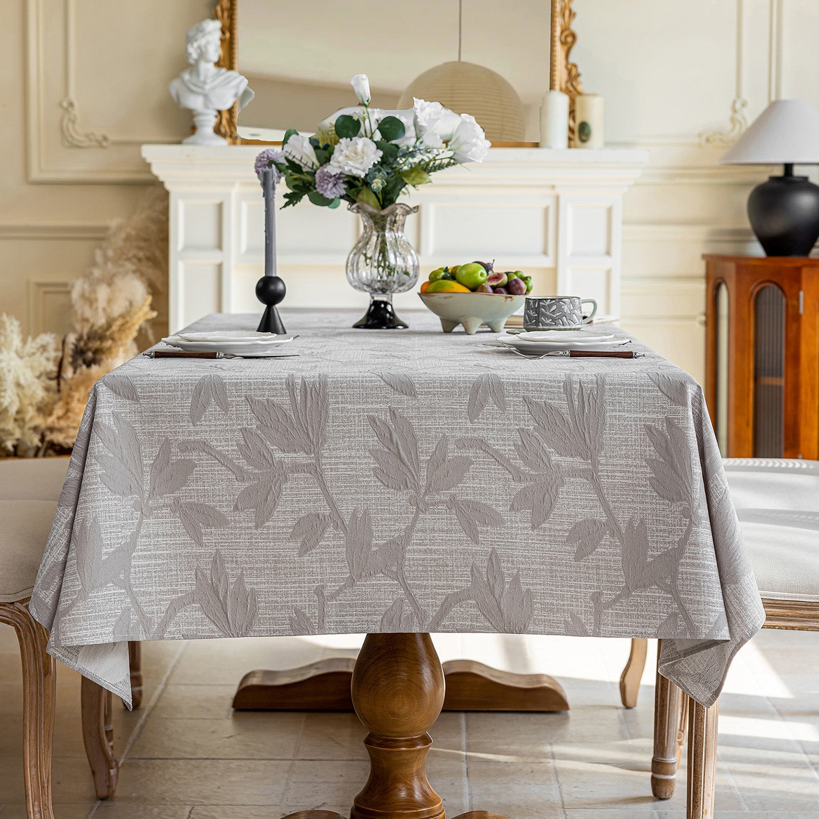 Linen Like Tablecloth or Desk Cover Wrinkle Resistant Jacquard Magnolia Embossed Multi Use