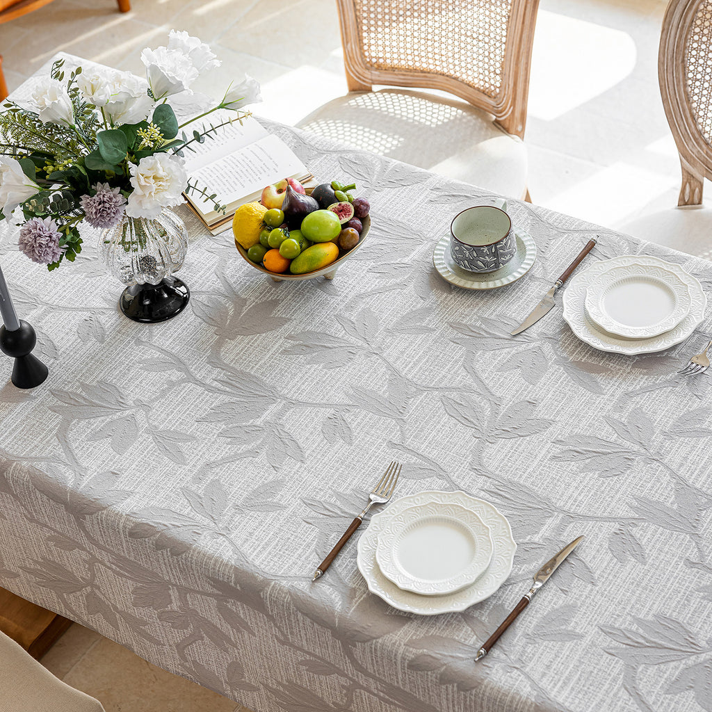 Linen Like Tablecloth or Desk Cover Wrinkle Resistant Jacquard Magnolia Embossed Multi Use