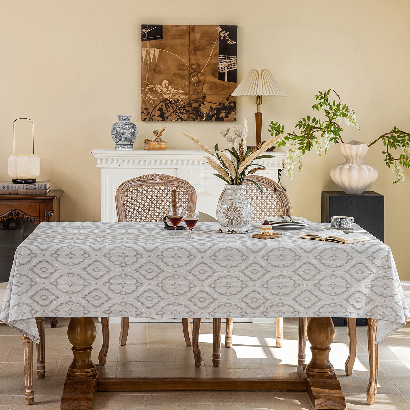 Linen Like Tablecloth or Desk Cover Wrinkle Resistant Jacquard Crabapple Blossom Embossed Multi Use