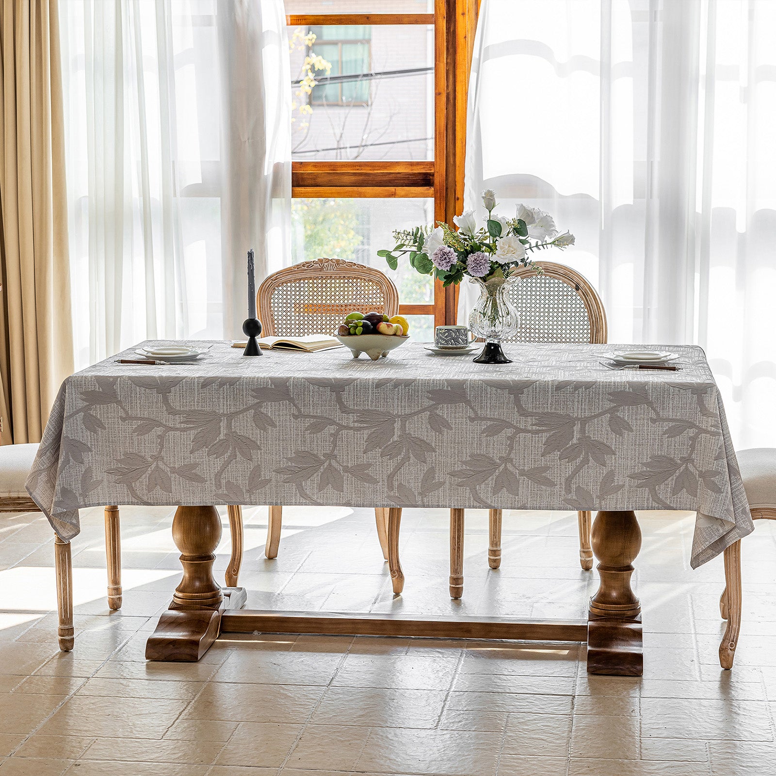 Linen Like Tablecloth or Desk Cover Wrinkle Resistant Jacquard Magnolia Embossed Multi Use