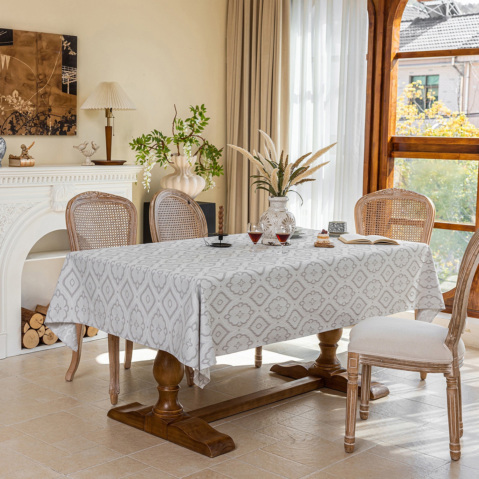 Linen Like Tablecloth or Desk Cover Wrinkle Resistant Jacquard Crabapple Blossom Embossed Multi Use