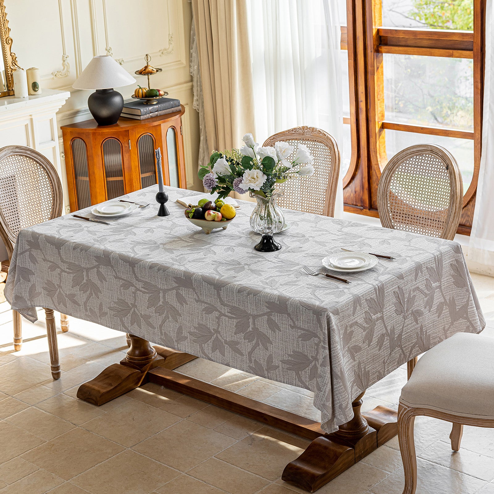 Linen Like Tablecloth or Desk Cover Wrinkle Resistant Jacquard Magnolia Embossed Multi Use