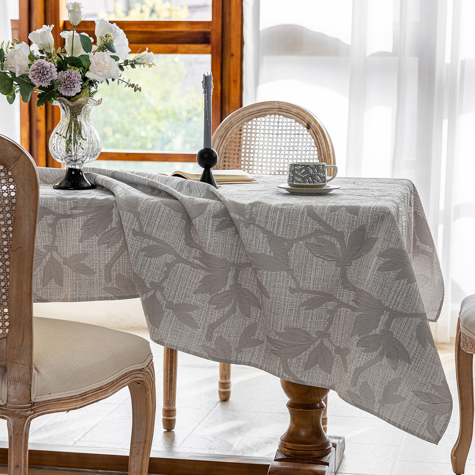 Linen Like Tablecloth or Desk Cover Wrinkle Resistant Jacquard Magnolia Embossed Multi Use
