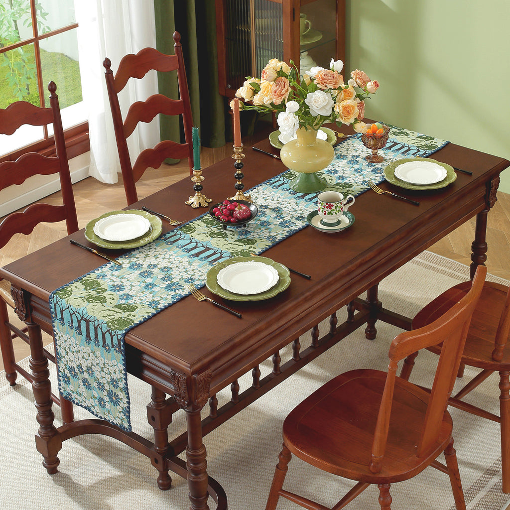 Spring Tree Pattern Cotton-Linen Style Table Runner, with Scalloped Edge