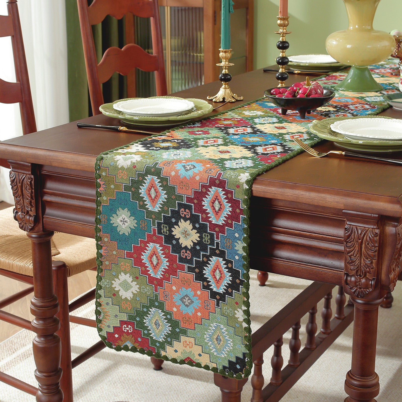 Jigsaw Puzzle Pattern Cotton-Linen Style Table Runner with Scalloped Edge