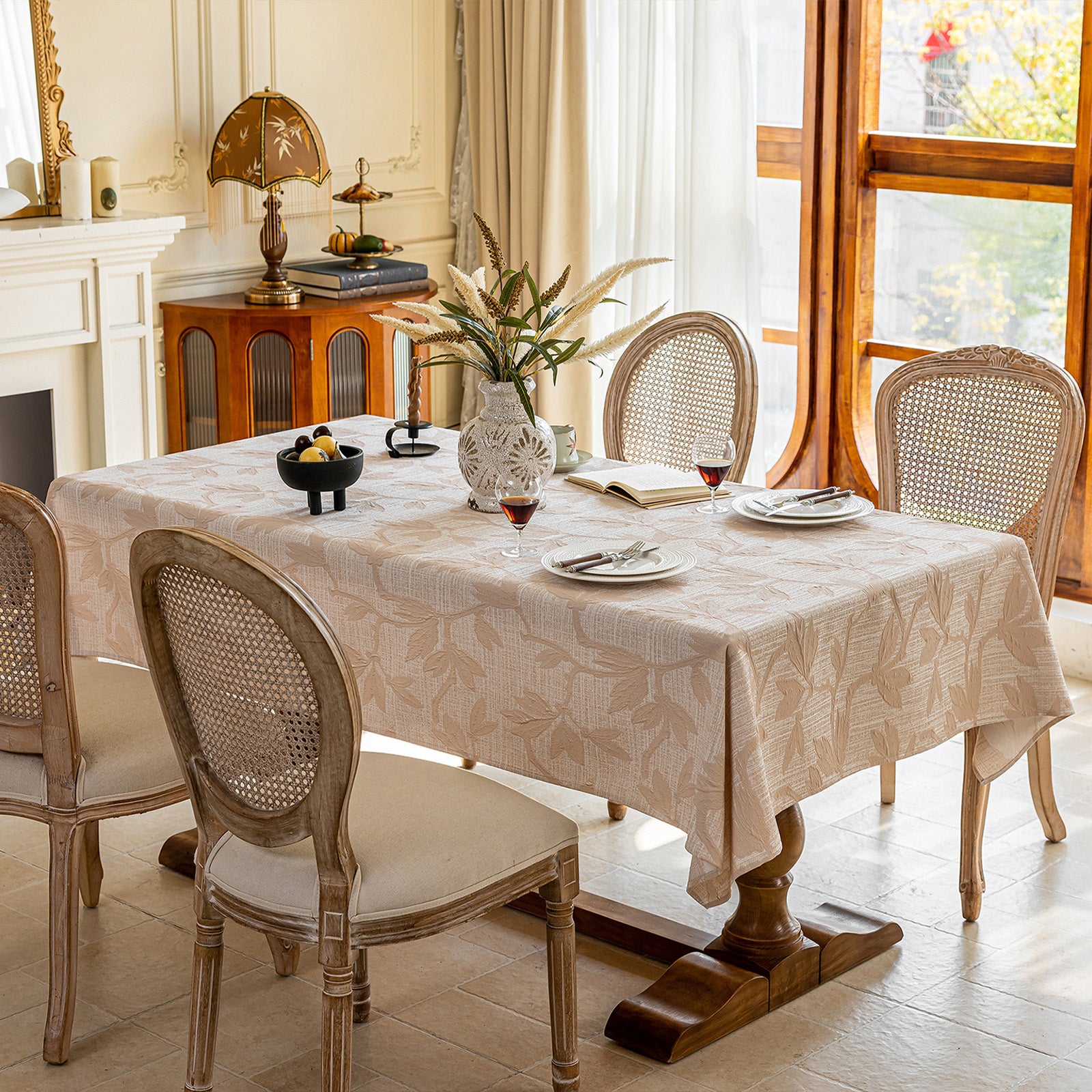 Linen Like Tablecloth or Desk Cover Wrinkle Resistant Jacquard Magnolia Embossed Multi Use