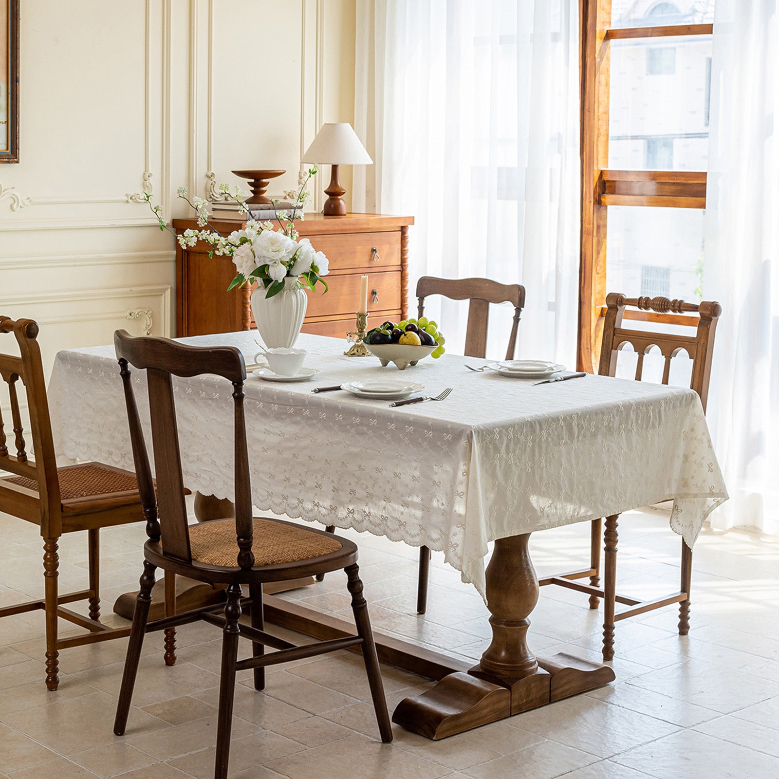 Pure Cotton Jacquard Tablecloth, Vintage French Style for Wedding, Party & Dessert Table – Fits Square & Round Tables