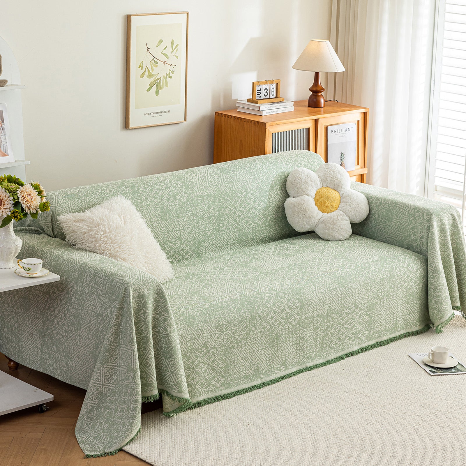 Anti Cat Scratch Imitation Cotton and Linen Sofa Towel - Green