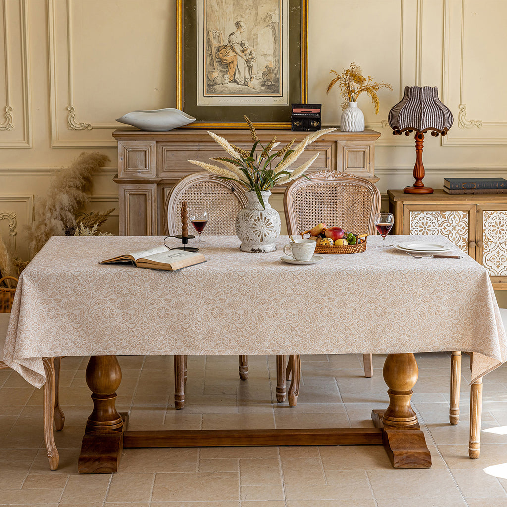 Linen Like Tablecloth or Desk Cover Wrinkle Resistant Jacquard Galsang Flower Embossed Multi Use