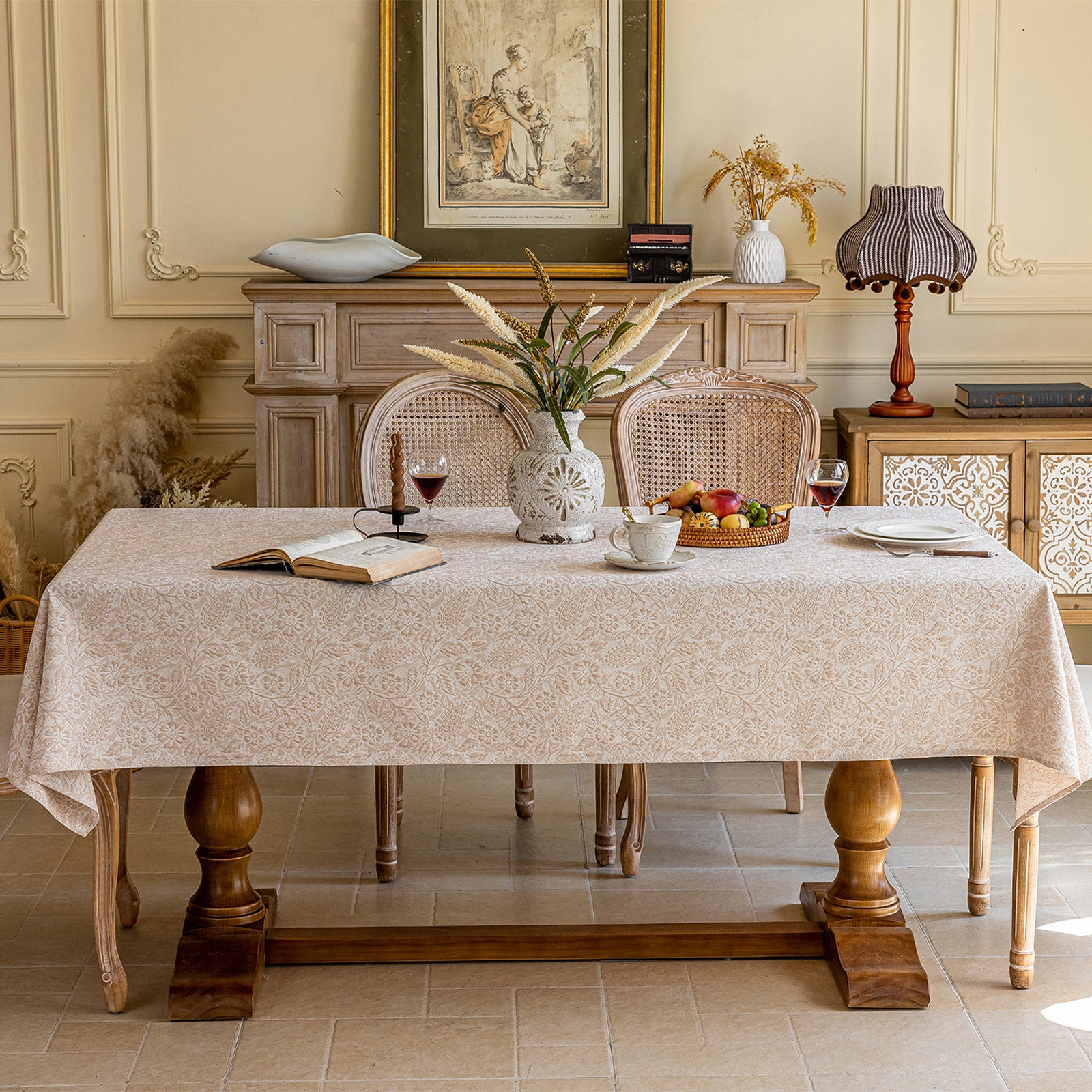 Linen Like Tablecloth or Desk Cover Wrinkle Resistant Jacquard Galsang Flower Embossed Multi Use