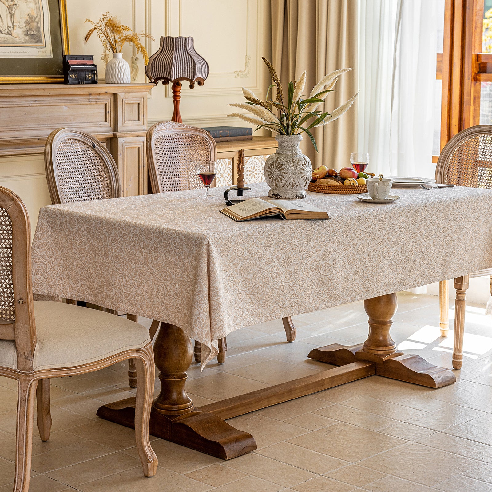 Linen Like Tablecloth or Desk Cover Wrinkle Resistant Jacquard Galsang Flower Embossed Multi Use