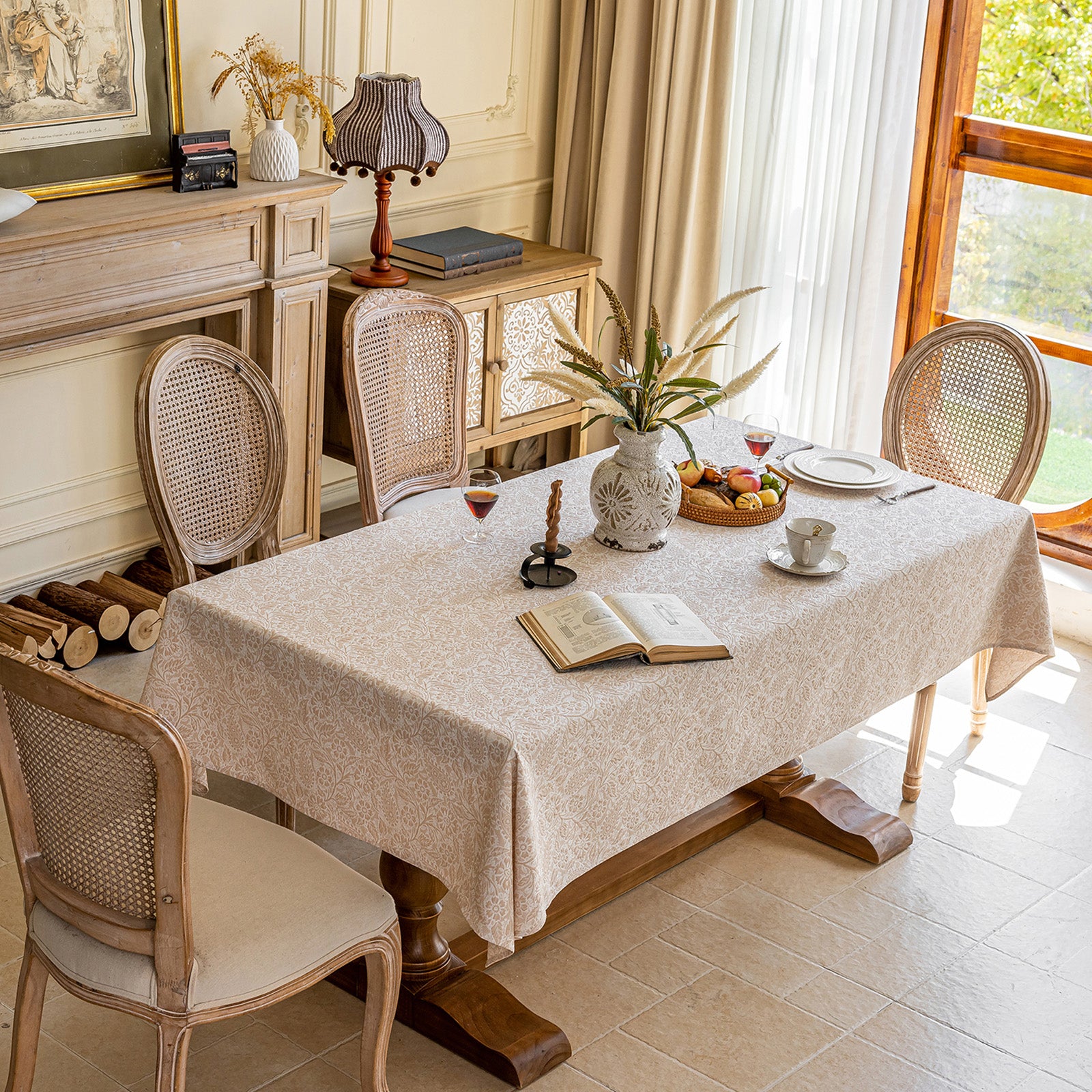 Linen Like Tablecloth or Desk Cover Wrinkle Resistant Jacquard Galsang Flower Embossed Multi Use