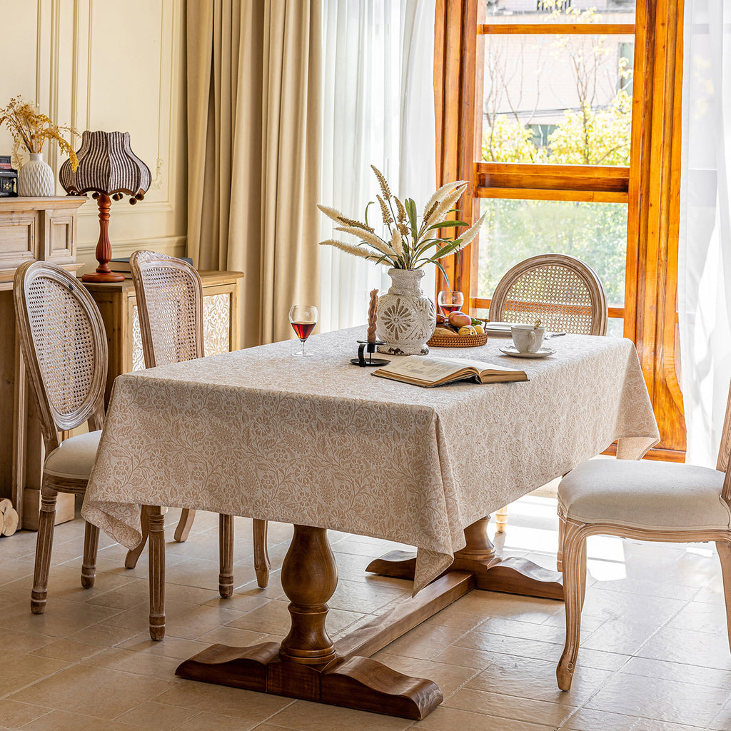 Linen Like Tablecloth or Desk Cover Wrinkle Resistant Jacquard Galsang Flower Embossed Multi Use