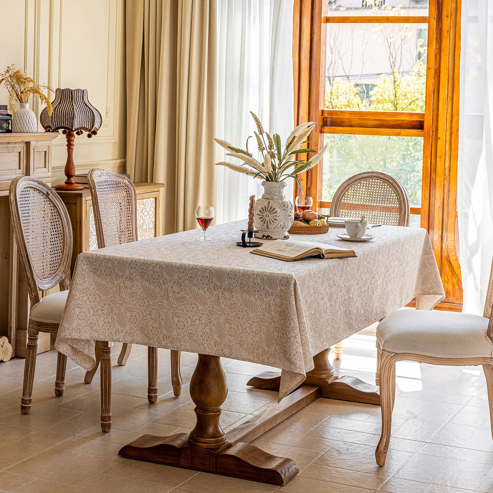 Linen Like Tablecloth or Desk Cover Wrinkle Resistant Jacquard Galsang Flower Embossed Multi Use