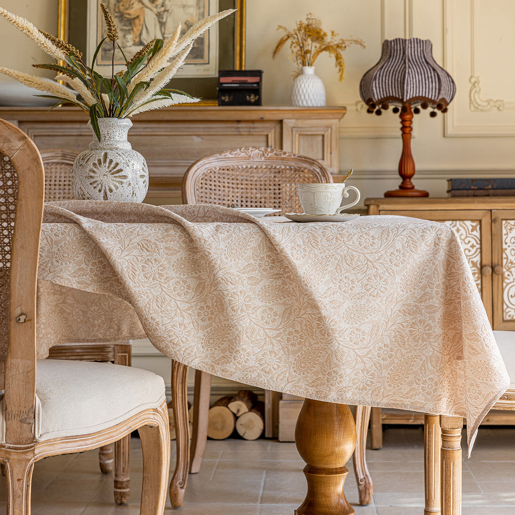Linen Like Tablecloth or Desk Cover Wrinkle Resistant Jacquard Galsang Flower Embossed Multi Use