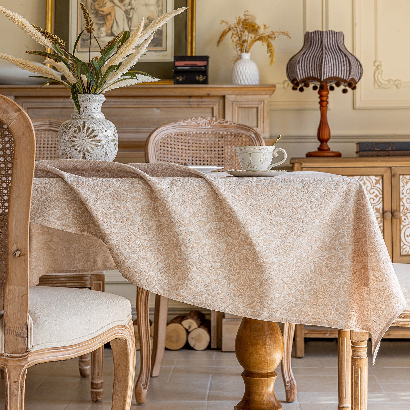 Linen Like Tablecloth or Desk Cover Wrinkle Resistant Jacquard Galsang Flower Embossed Multi Use