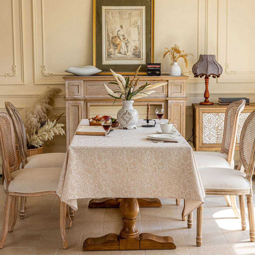 Linen Like Tablecloth or Desk Cover Wrinkle Resistant Jacquard Galsang Flower Embossed Multi Use