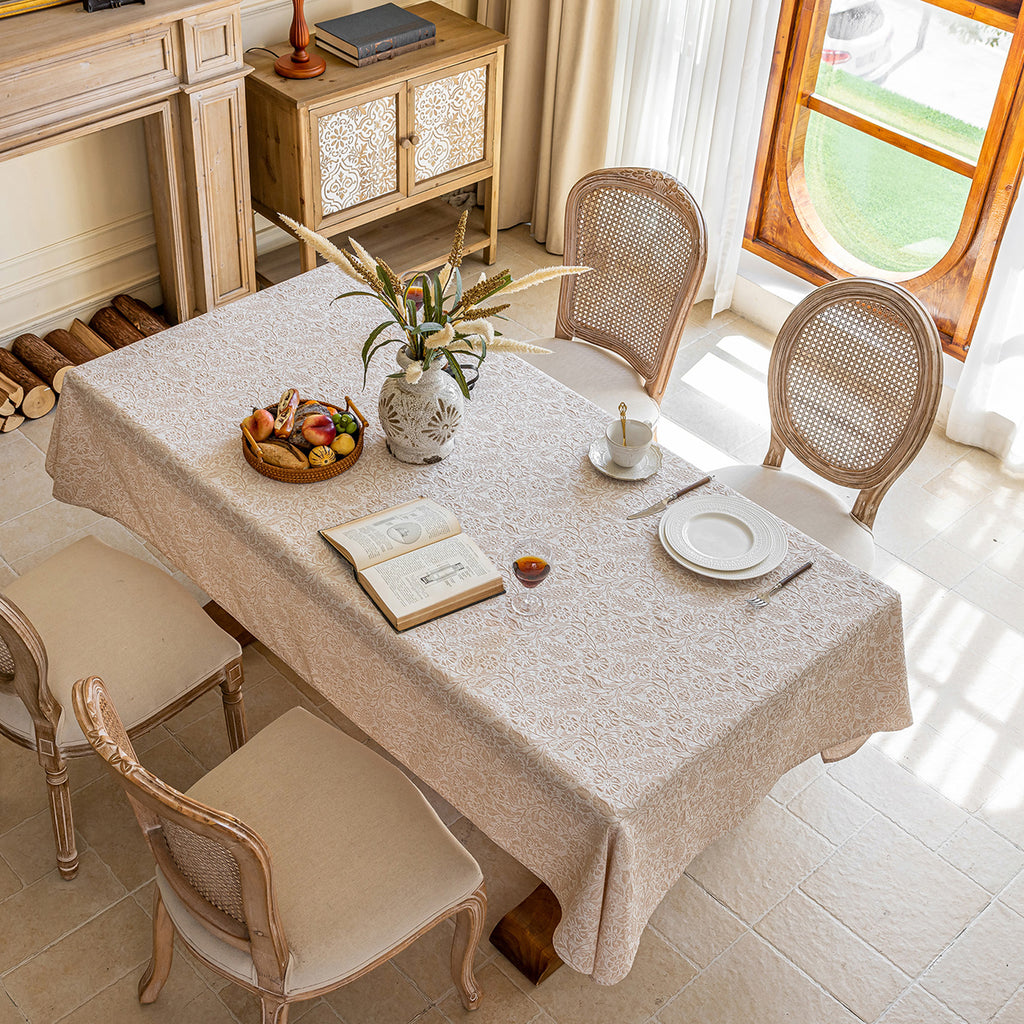Linen Like Tablecloth or Desk Cover Wrinkle Resistant Jacquard Galsang Flower Embossed Multi Use