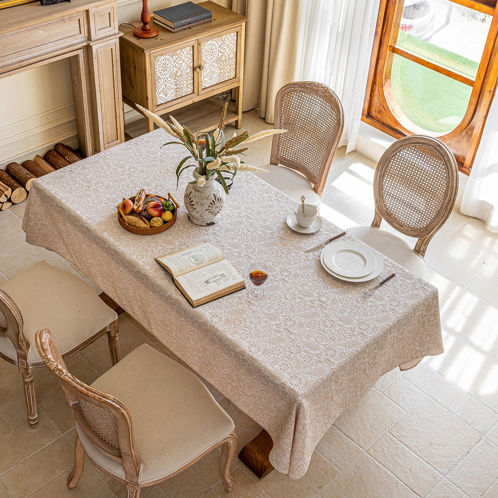 Linen Like Tablecloth or Desk Cover Wrinkle Resistant Jacquard Galsang Flower Embossed Multi Use