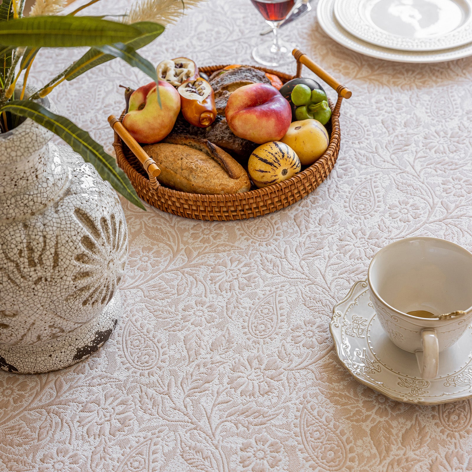 Linen Like Tablecloth or Desk Cover Wrinkle Resistant Jacquard Galsang Flower Embossed Multi Use