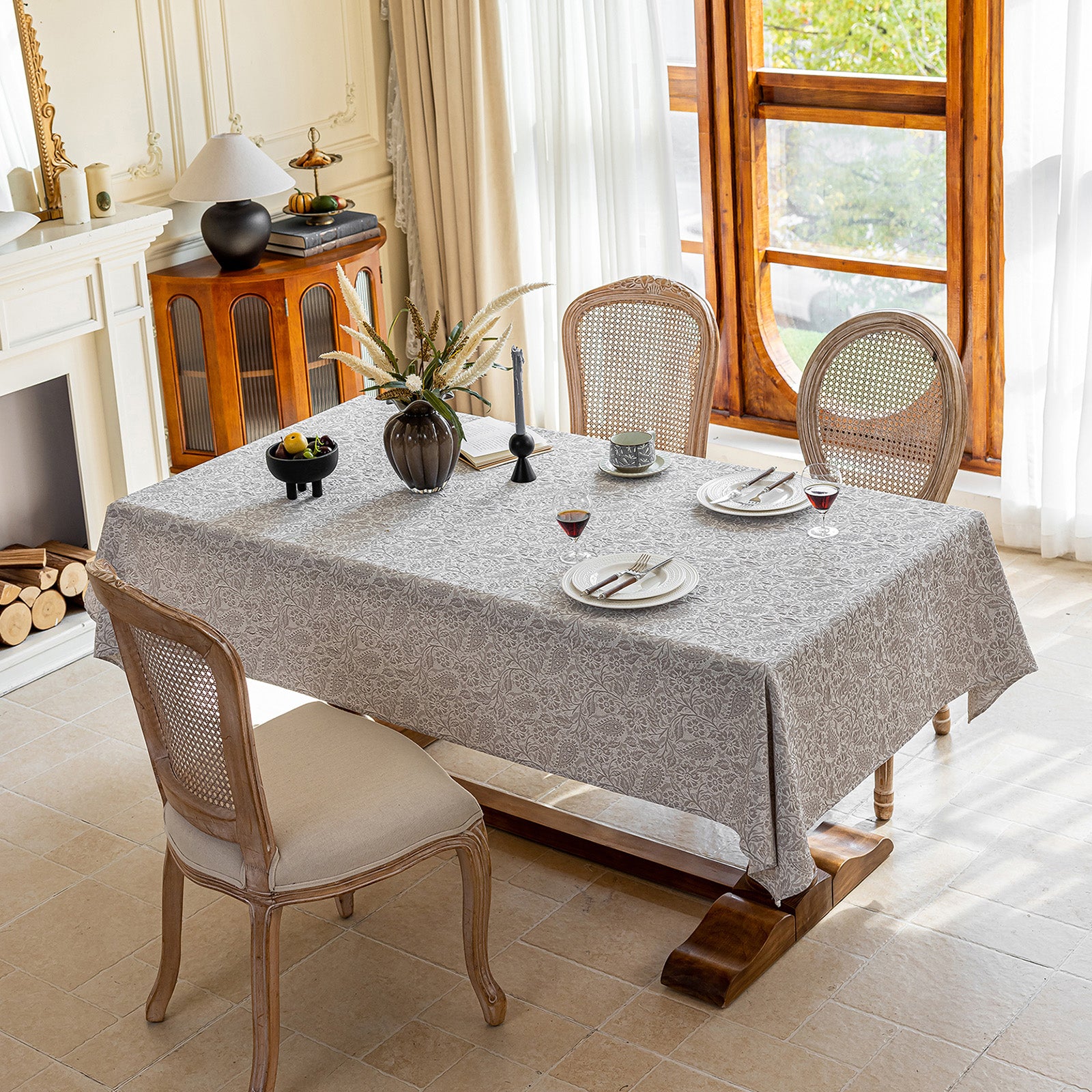 Linen Like Tablecloth or Desk Cover Wrinkle Resistant Jacquard Galsang Flower Embossed Multi Use