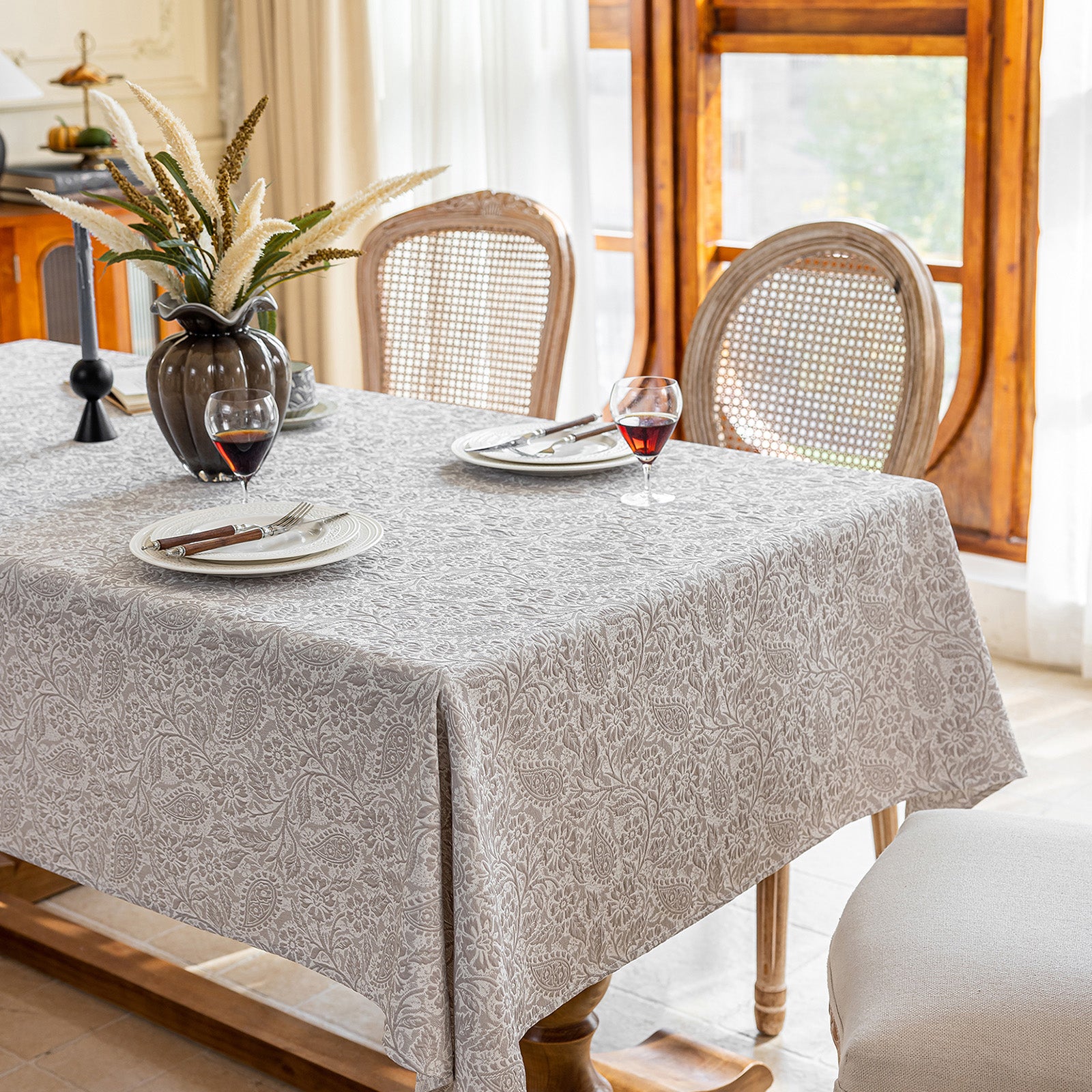 Linen Like Tablecloth or Desk Cover Wrinkle Resistant Jacquard Galsang Flower Embossed Multi Use
