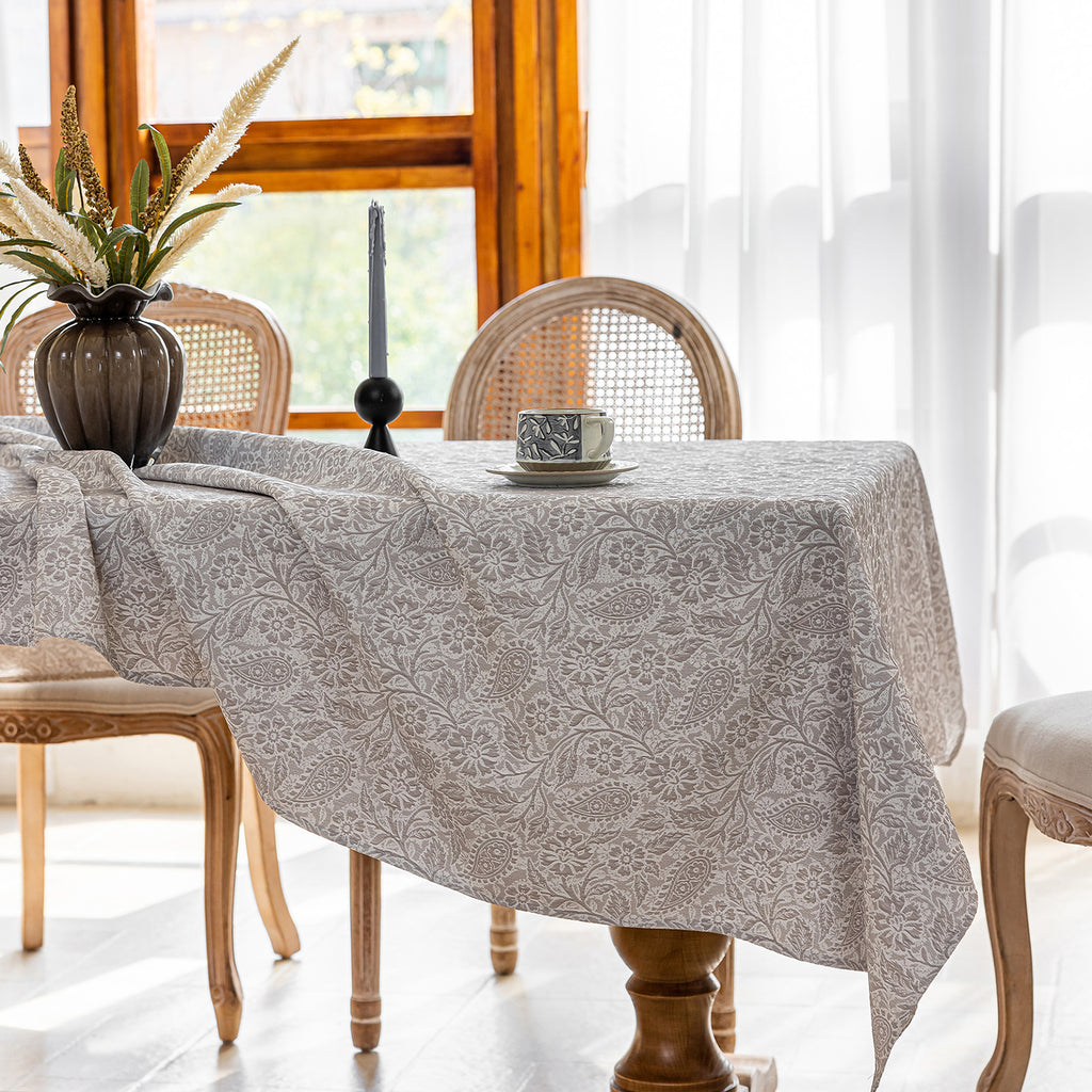 Linen Like Tablecloth or Desk Cover Wrinkle Resistant Jacquard Galsang Flower Embossed Multi Use